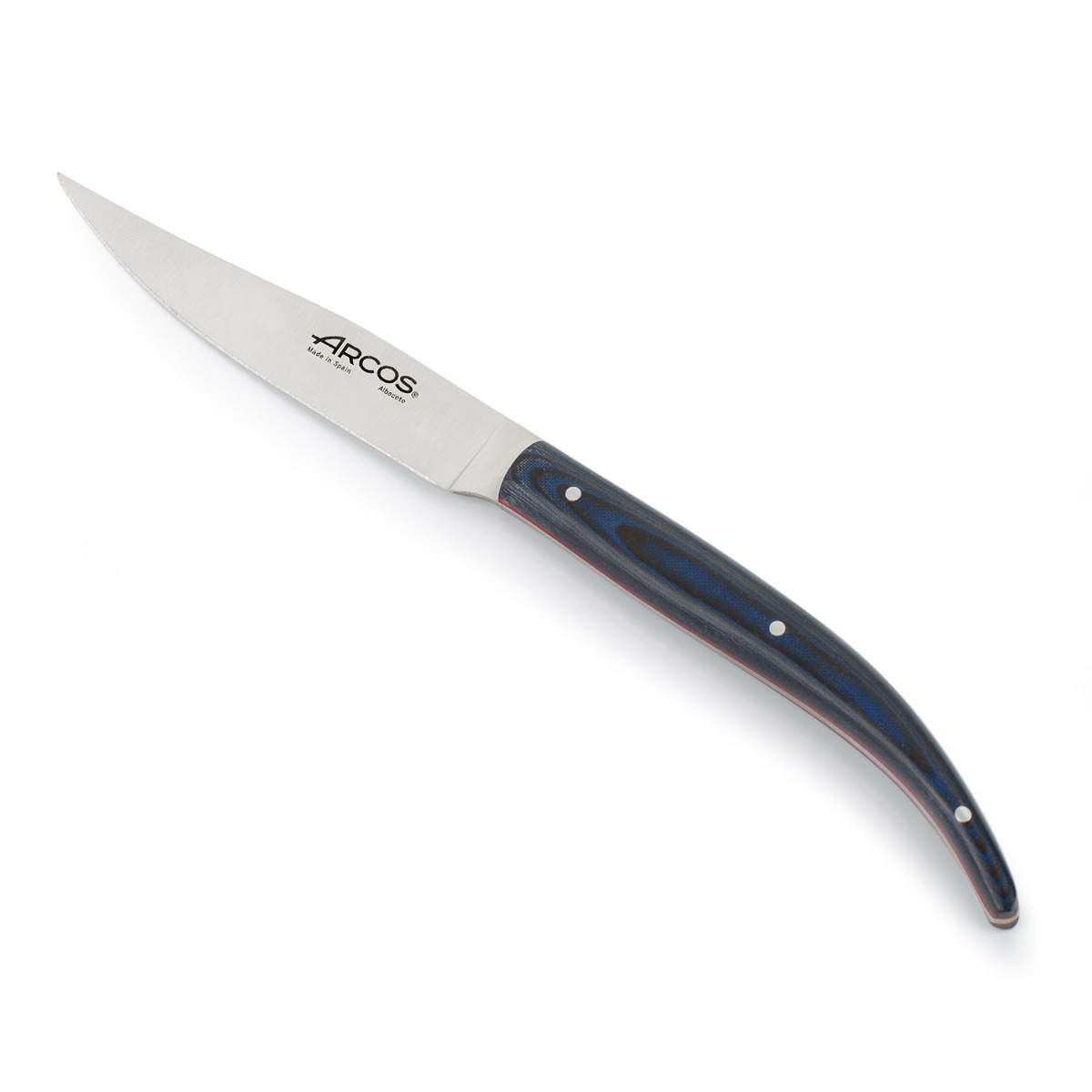 Arcos Cuchillo carne/mesa con Hoja Acero Inoxidable Nitrum 110 mm. Mango ergonómico polioximetileno POM. Los bordeserrados los hacen perfectos para cortar. Serie Mesa. Color azul.