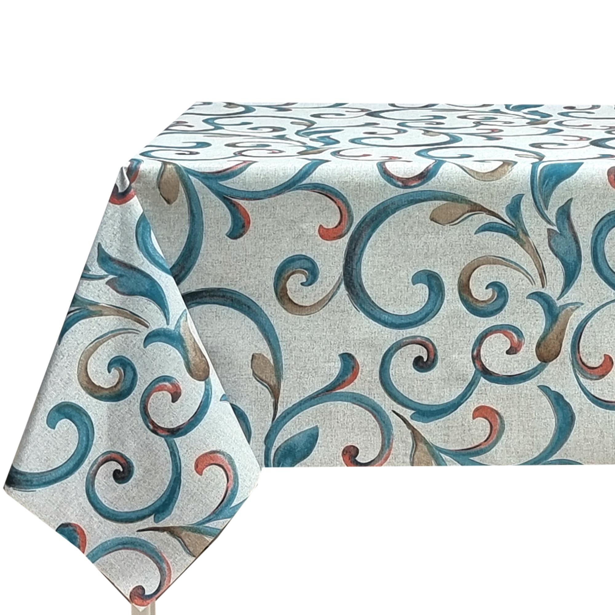 Mantel tela textil resinado suave, rectangular, Ideal para el hogar, Cocina, Comedor, Jardin, Balcon, Salon y picnic. Fácil de limpiar, Impermeable con Patrones de Volutas en Azul, Verde, Marrón y Rojo - Ideal para Cocina y Hogar.