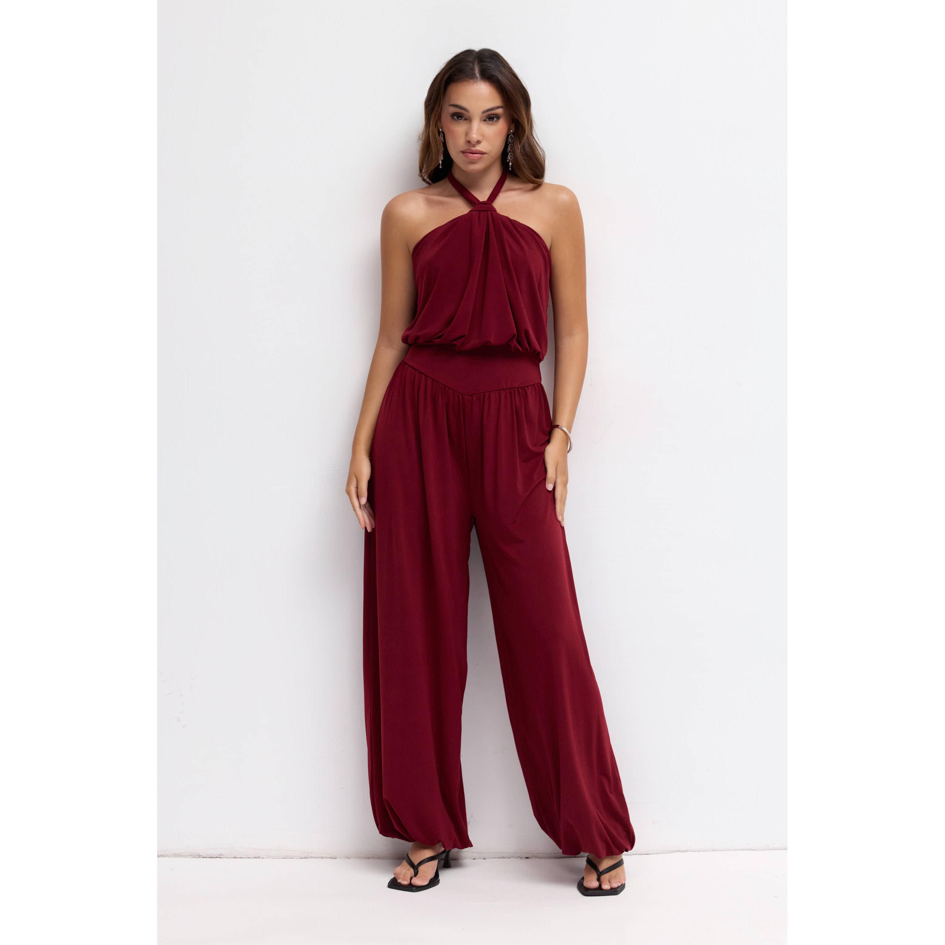 Mono Largo Fiesta Halter Crep Mujer - Elegante Mono Talla Única (34-40) con Cuello Halter Anudado, Espalda Descubierta, Cintura Ancha Ajustada y Pantalón Ancho Fluido con Bajo Abombado. Ideal Eventos y Boda. ¡Disponible en Varios Colores!