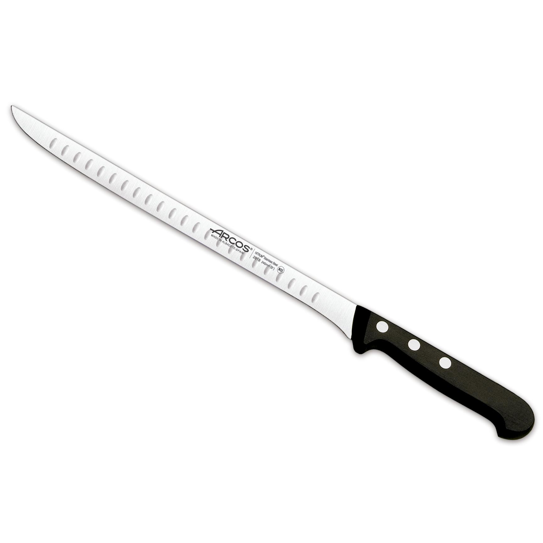 Arcos Cuchillo Jamonero con Alveolos de Acero Inoxidable. Hoja 240 mm. Mango de Polioximetileno POM para Cortar o Tallar Alimentos con precisión y facilidad. Serie Universal. Color negro.