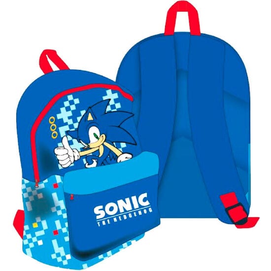 Mochila Infantil Sonic The Hedgehog, 40x30x15 cm y 40 cm Alto, 2 Compartimentos con Bolsillo Frontal, Cremallera, Tirantes Acolchados, Ligera y Resistente, Azul y Roja
