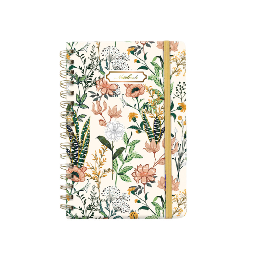 Cuaderno espiral de tapa dura A5, con correa de sujeción, bolsillo trasero y anillas metálicas para planificación