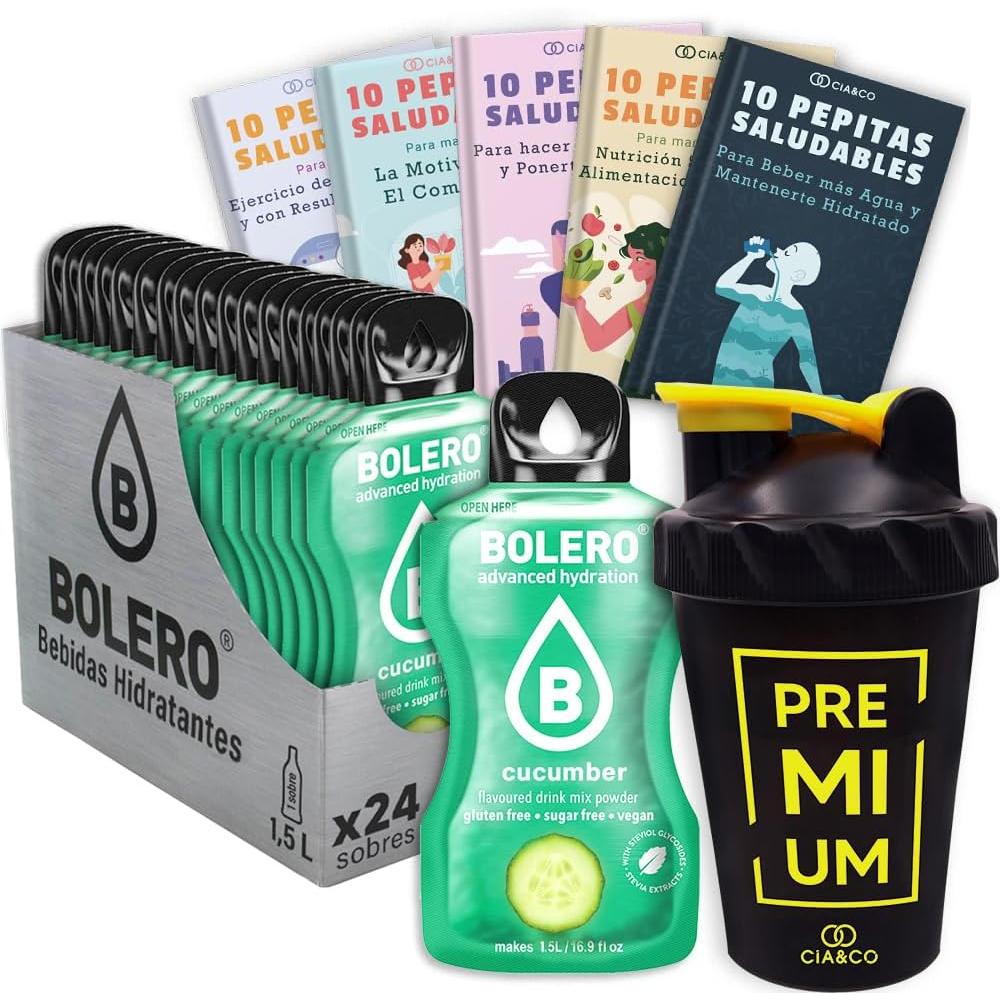 Super Pack Bolero Pepino: 24 sobres sin azúcar, 50 Pepitas Saludables y una botella mezcladora. La combinación perfecta para un estilo de vida fresco y activo.