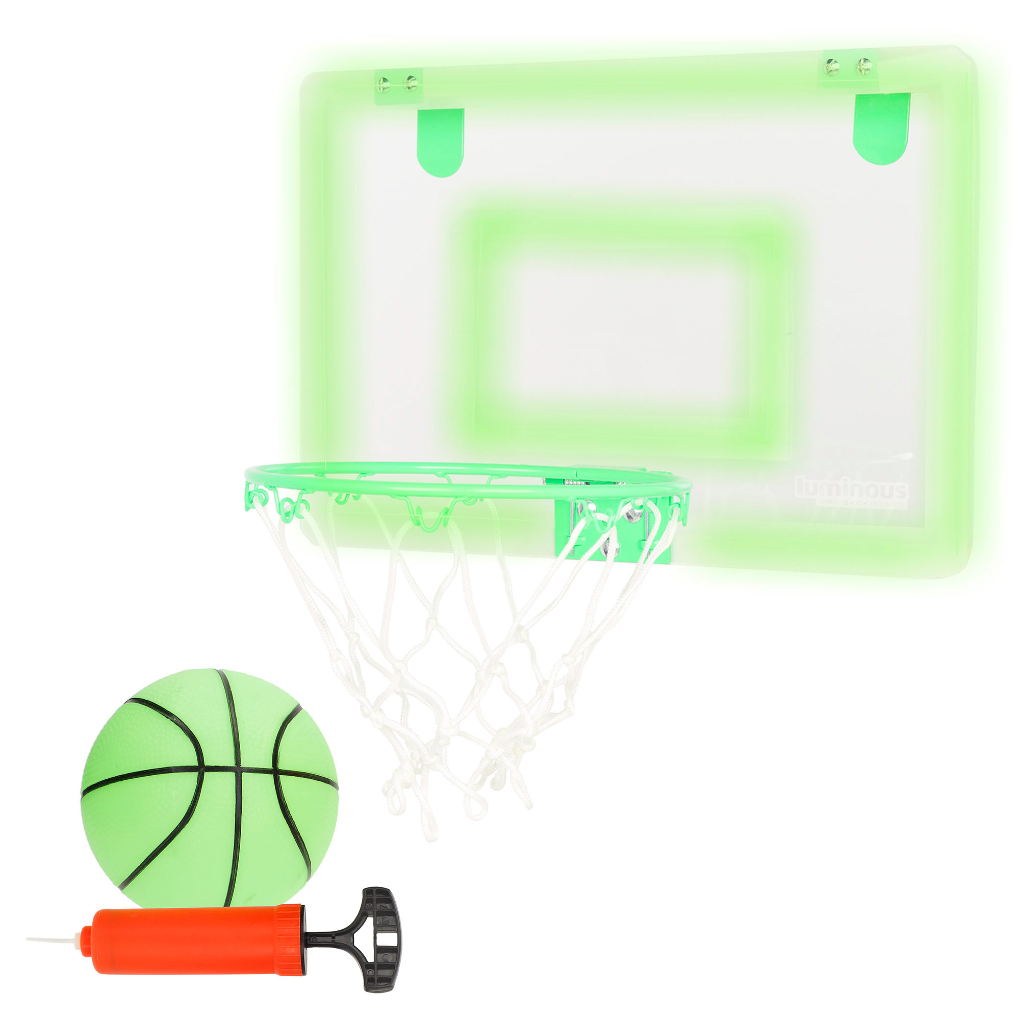 CB Sports - Canasta de baloncesto fluorescente con tablero de 45x30 cm, incluye balón y bomba de aire, fácil instalación en puerta o pared, ideal para jugar en casa, interiores, coordinación, puntería, niños desde 3 años
