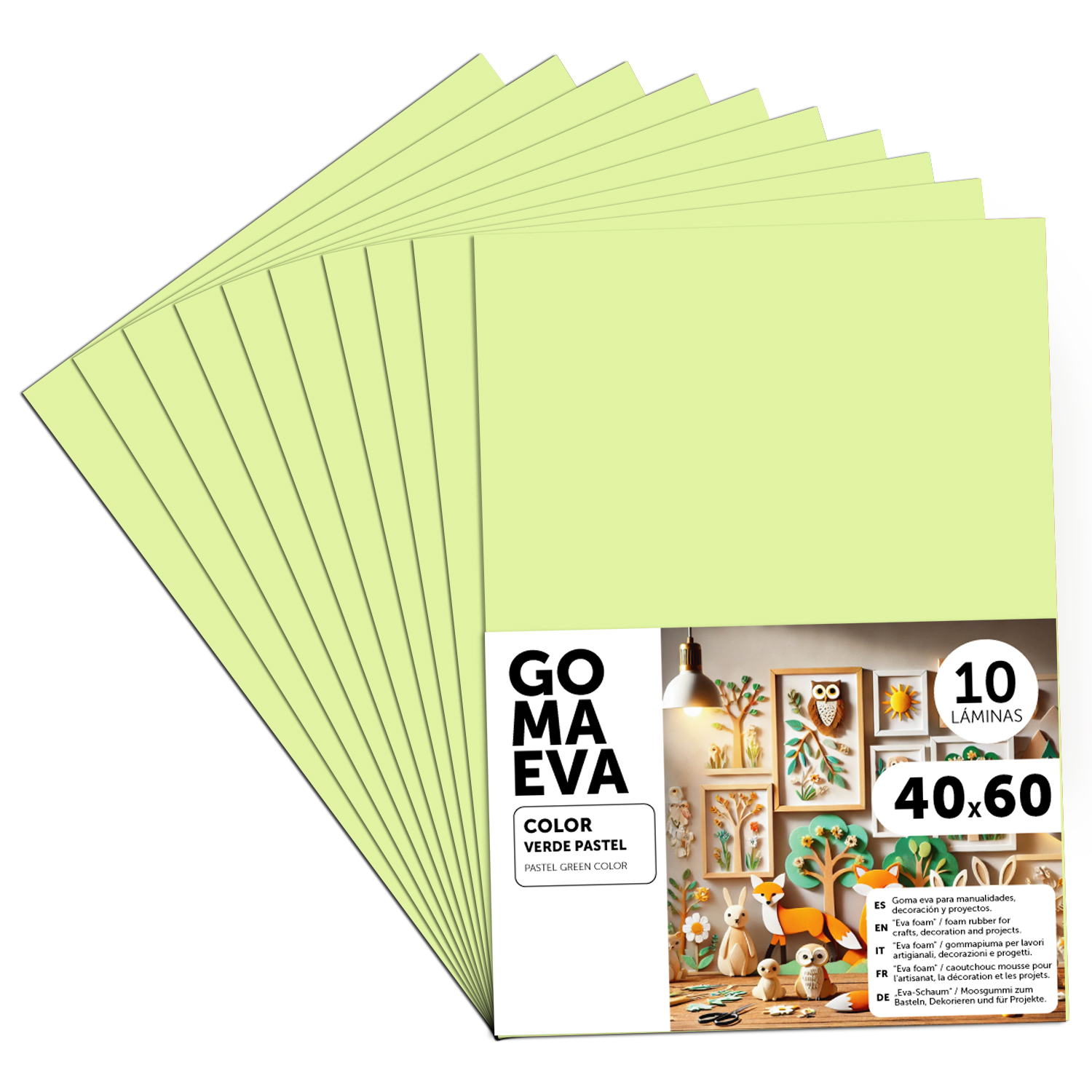 Goma Eva para Manualidades, Goma Espuma de Colores para Proyectos Creativos, Ideales para Artes y Manualidades, uso Escolar, Profesional o Artístico 40x60cm - m-office (Verde Pastel, 10 uds)