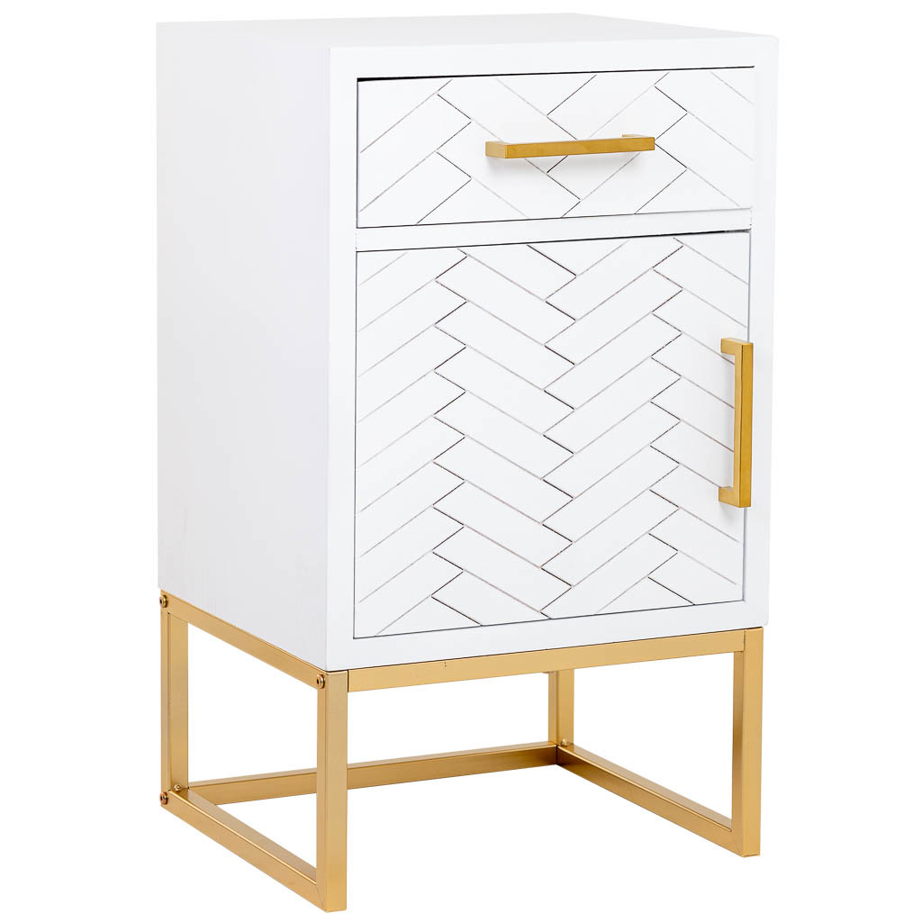 Mesita madera y metal 1 cajon y 1 puerta blanco y dorado Medidas: 36x42x71cm