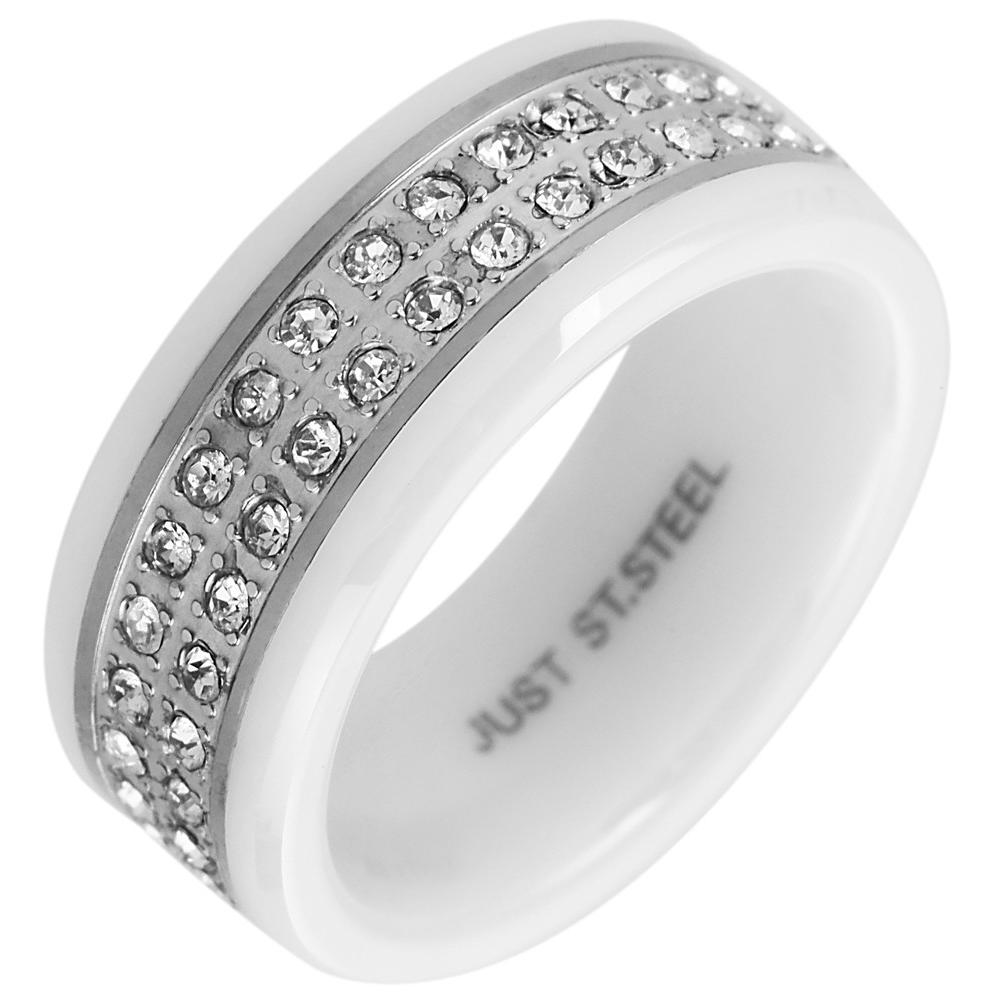 Just® Anillo Perette em Cerâmica Branco com Prateado e Pedras Incrustadas - 60