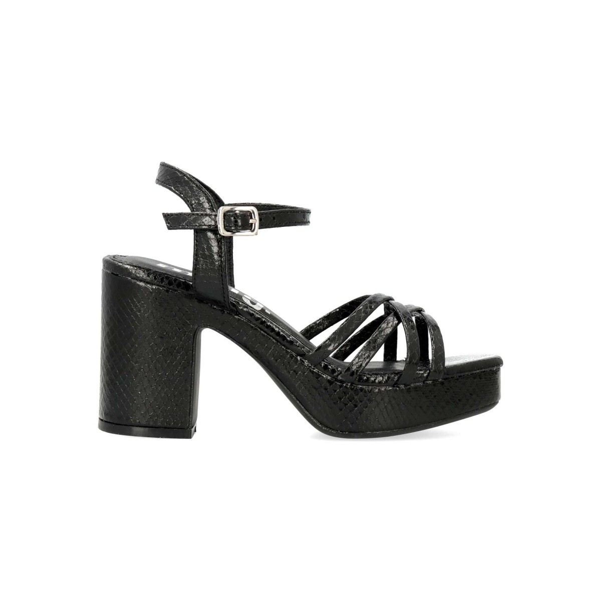 MTNG - Sandalias de fiesta Britt para mujer con tiras y tacón alto de 8,5 cm, plataforma de 2,5 cm, piel sintética grabado serpiente, ideal para bodas y comuniones