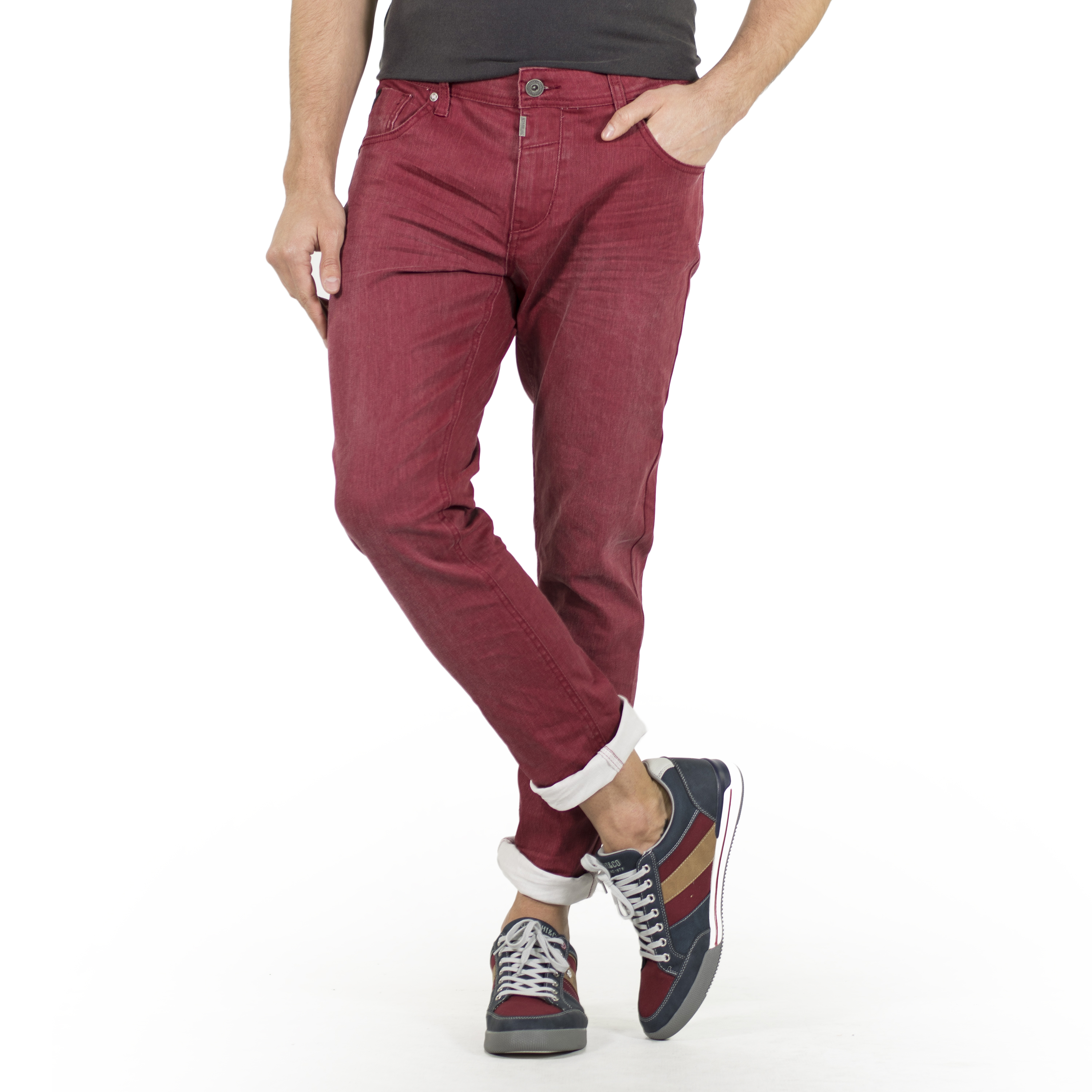 Koroshi - Pantalón hombre twill elástico corte regular color granate y ocre 98% algodón para entretiempo