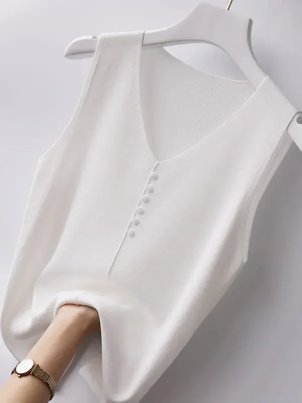 TK Chaleco De Punto Para Mujer Verano 2026 Estilo Casual Sin Mangas Cuello En V Top De Moda Blusa De Solado Sólido Transpirable