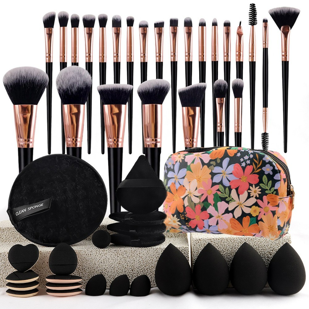TK Set de maquillaje de 47 piezas: incluye 25 brochas de maquillaje, neceser, bolsa de cosméticos, borlas y set de viaje (47 piezas en neceser negro estampado).