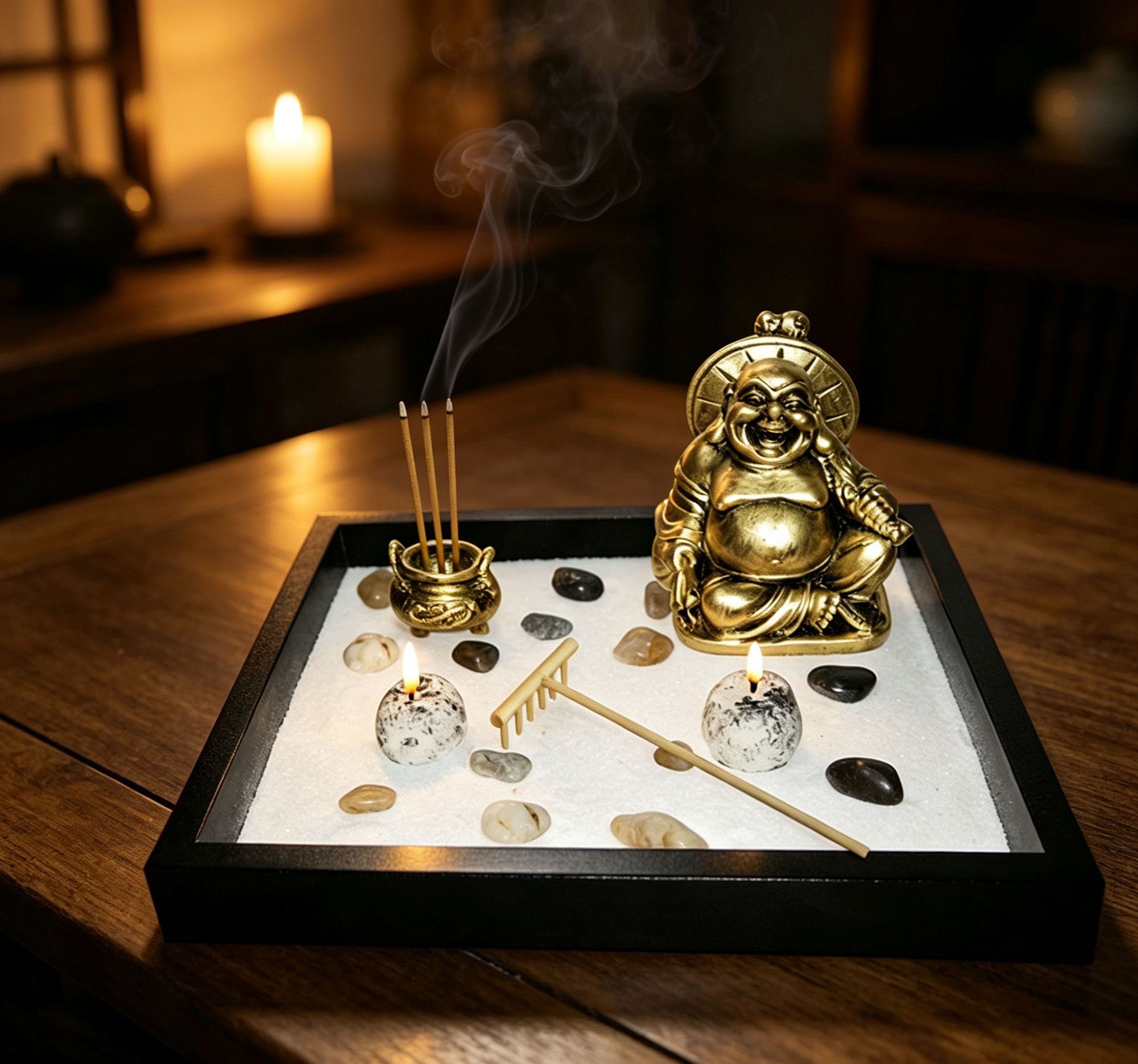 Set jardín zen completo con bandeja de madera 24×24 cm, estatua dorada de Buda (3 modelos), rastrillo, inciensario, portavelas y arena incluidos para meditación y decoración espiritual