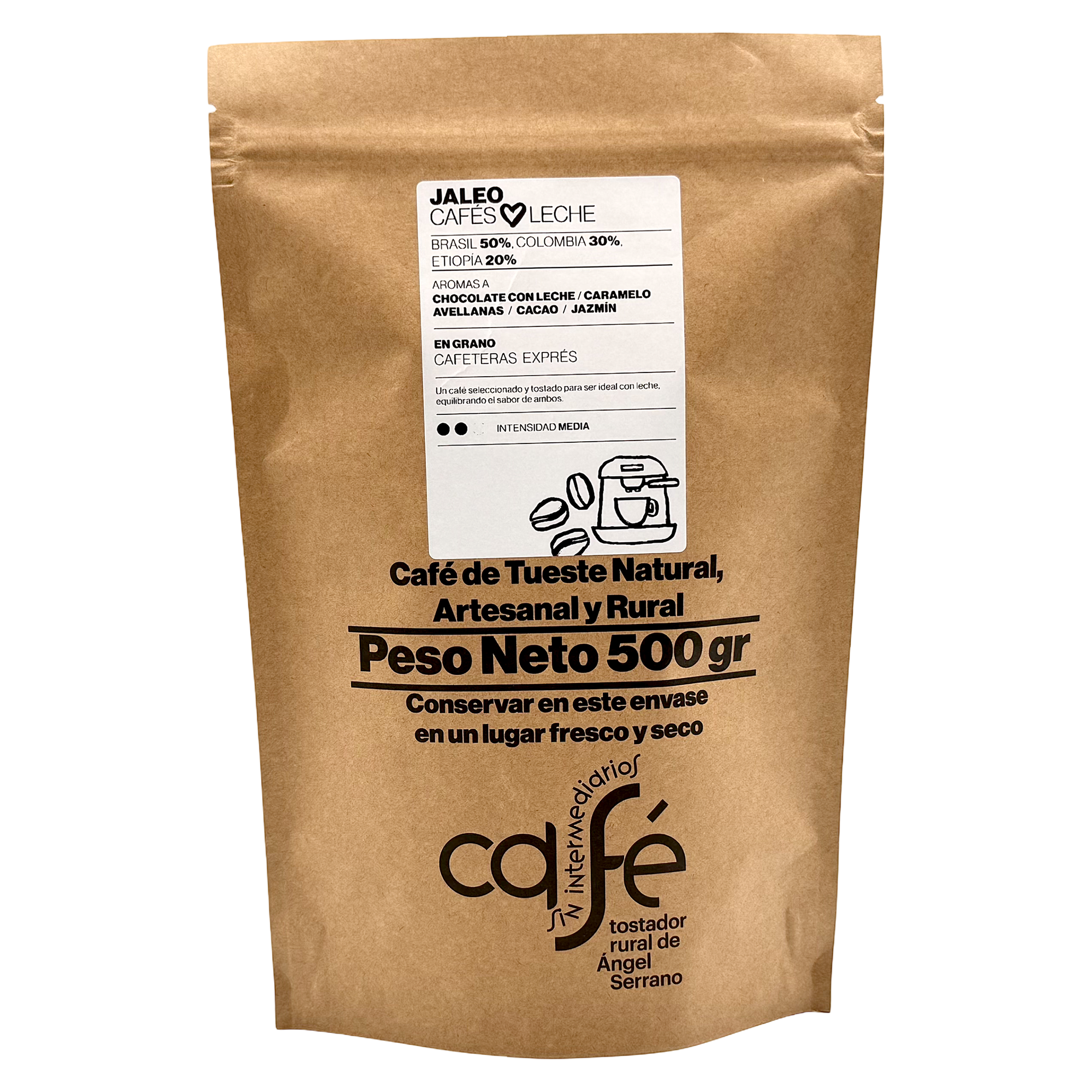 CAFÉ SIN INTERMEDIARIOS - Café de Brasil, Colombia y Etiopía - Jaleo - Ideal para combinar con leche - Intensidad de sabor Media - Recién tostado y envasado - 500 g Grano o Molido (Exprés, Filtro, Italiana, Americana, Superautomática)