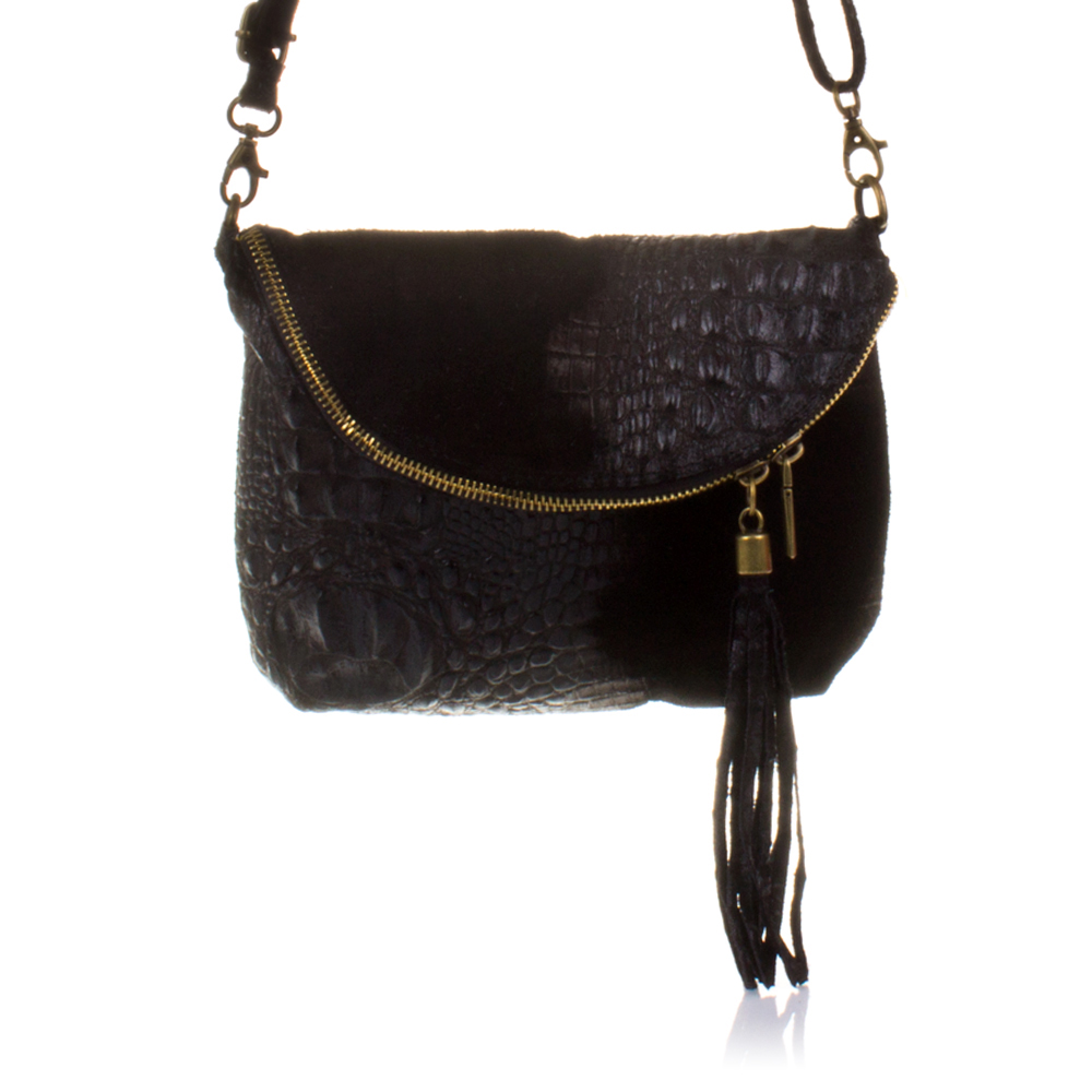 Firenze Artegiani. Cenerente Bolso bandolera Mujer.Piel auténtica Gamuza Grabado Cocodrilo . Made in Italy. Vera Pelle Italiana.