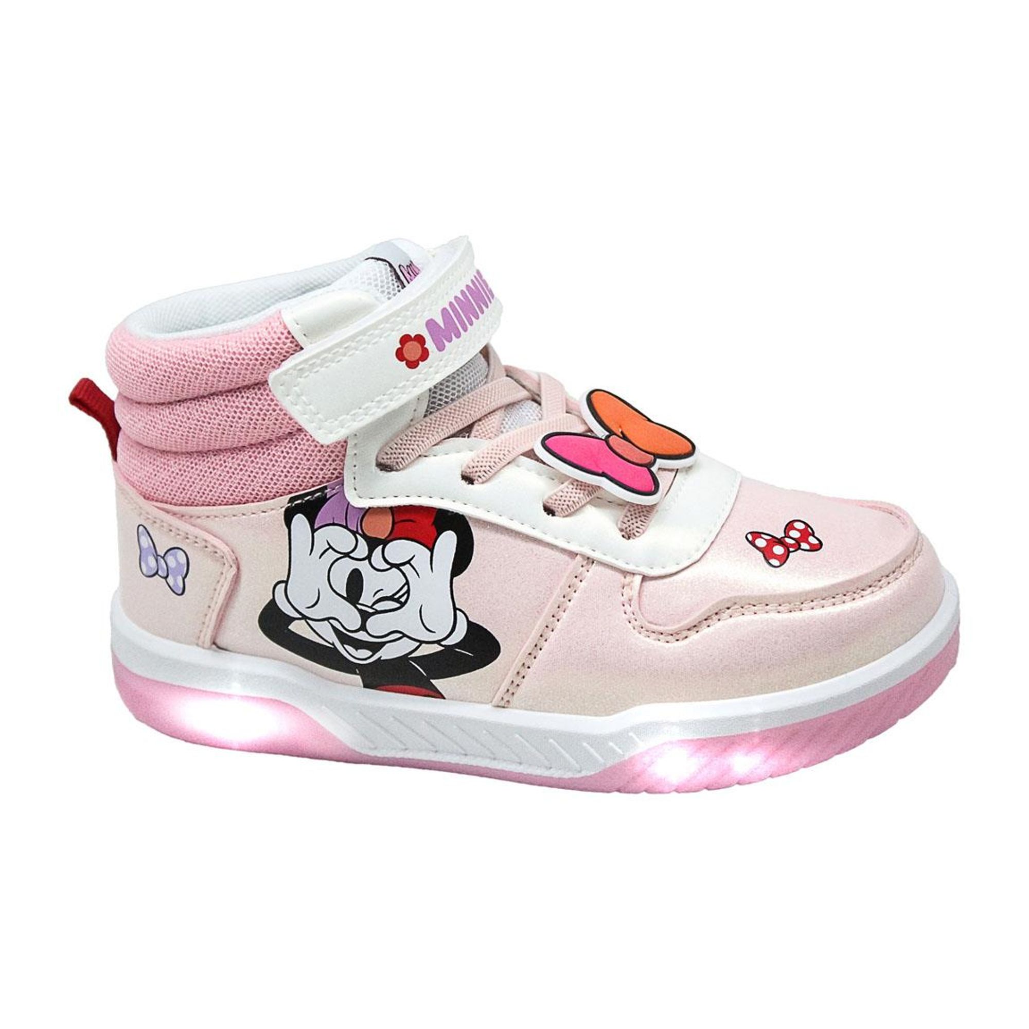 Zapatillas Deportivas Minnie con Luces LED para Niña, Calzado Infantil de Media Caña, Rosa, Diseño Oficial con Gráficos y Lazos, Suela Antideslizante, Ideal para Escuela o Paseos