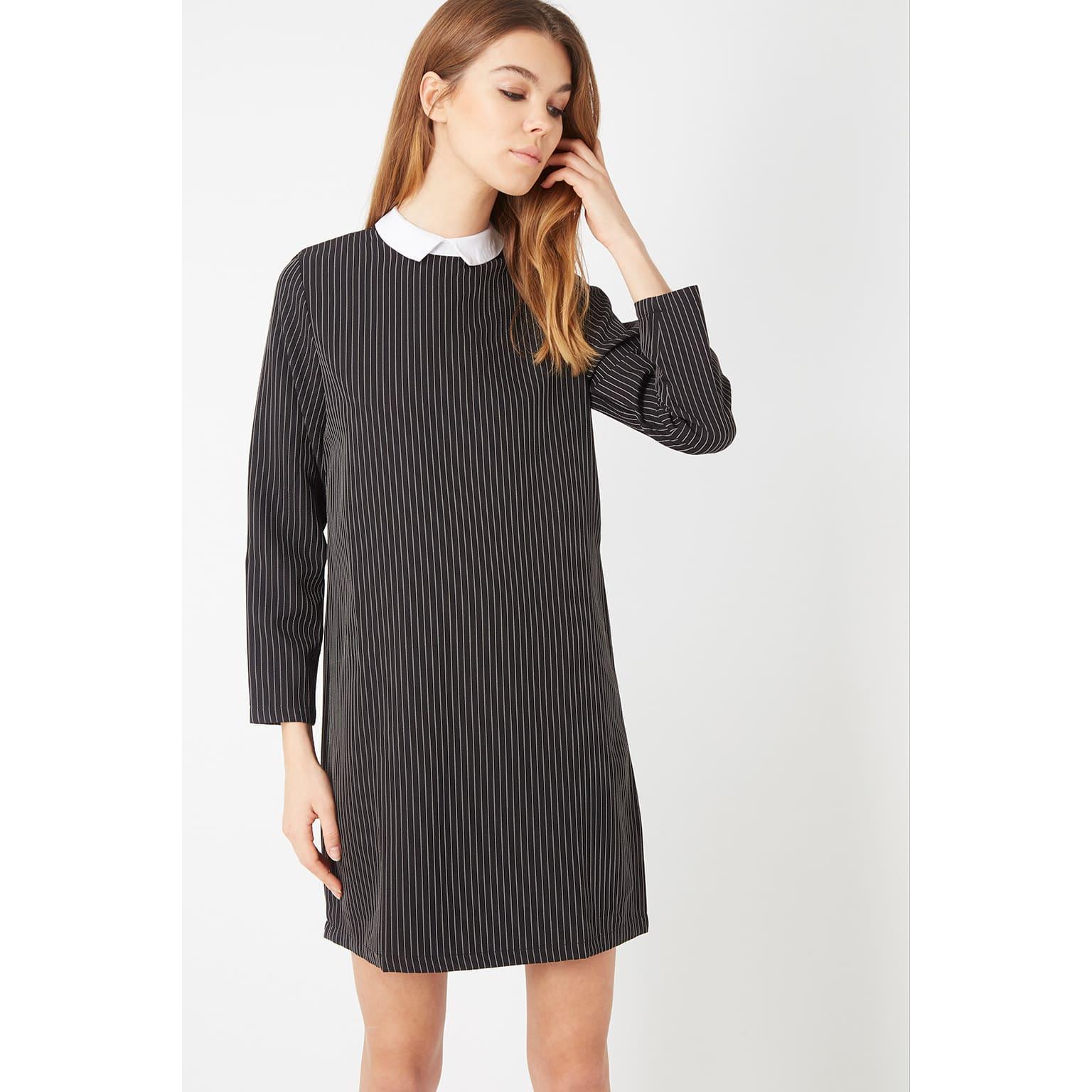 Vestido recto mujer, dress rayas verticales, cuello Peter Pan, manga larga, cierre cremallera, modelo Sinty SI-260142, cómodo y elegante, talla 36, color negro, outfit versátil ✅Entrega 24/48h