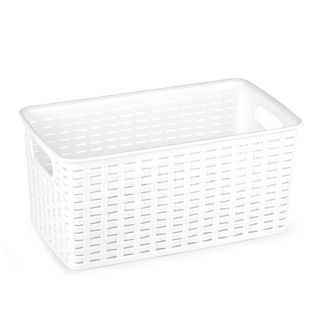 Cesta rattan - Cesta almacenaje multiuso- Cesta o cajas organizadoras de plástico rectangular para almacenar de 5 Litros 6Litros 10Litros 12Litros, Caja de almacenamiento estilo mimbre con asas apilables, cestas para ropa, cocina, armario, oficina, baño.