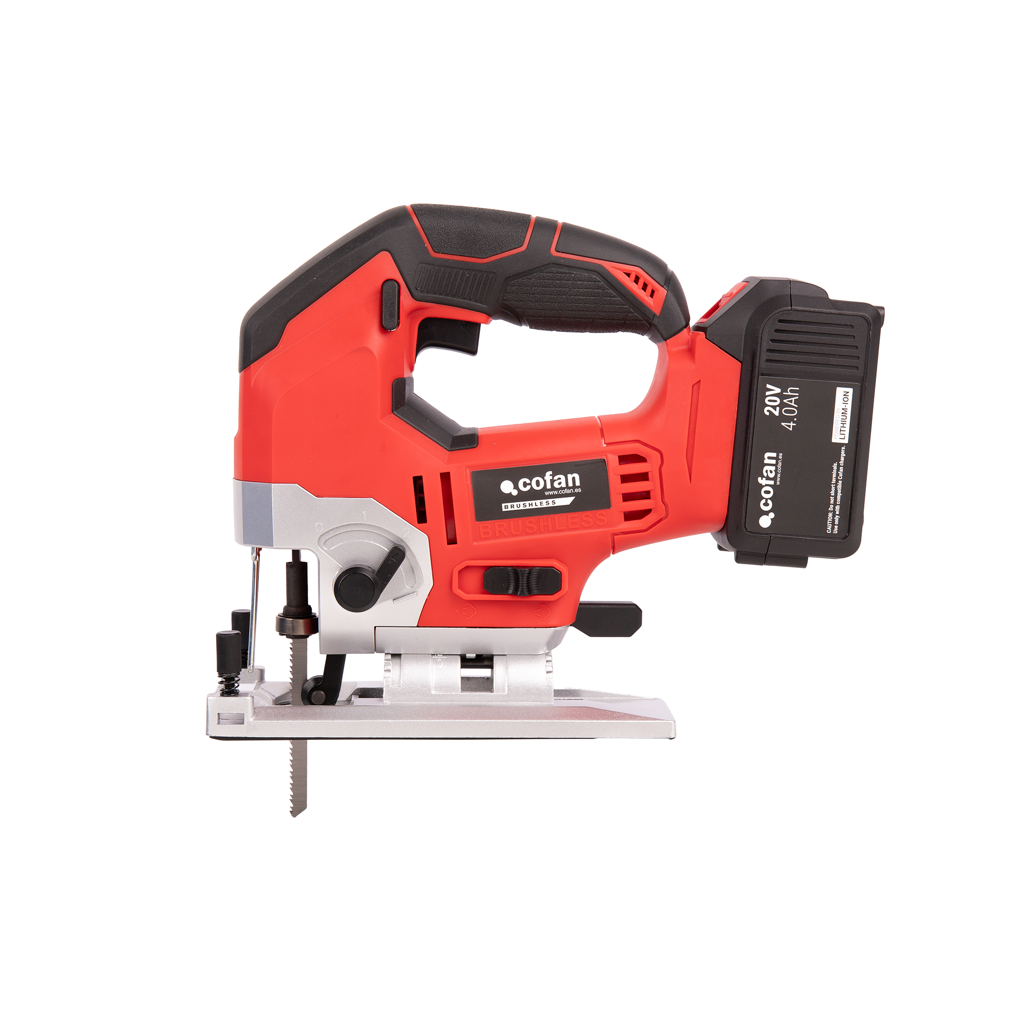 Cofan Sierra de Calar Inalámbrica 20V con Motor Sin Escobillas, Velocidad Variable 0-3000 rpm, Corte en Ángulo ±45° y Acción Pendular - Batería y cargador incluidos