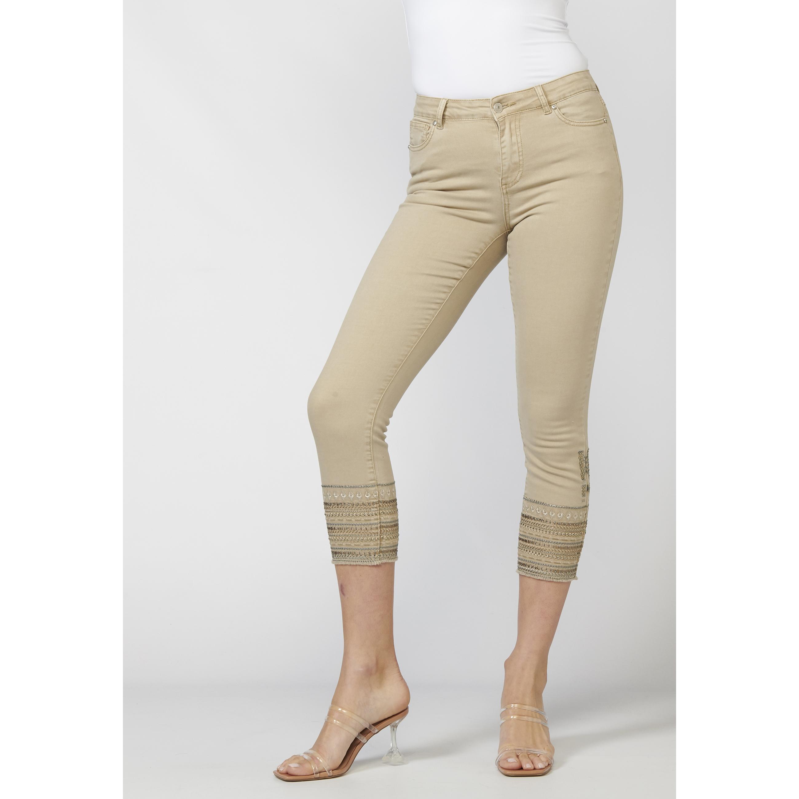 Koroshi - Pantalón slim mujer con bordados étnicos en los bajos, 97% algodón y 3% elastano, beige o rosa, modelo 2212PT05