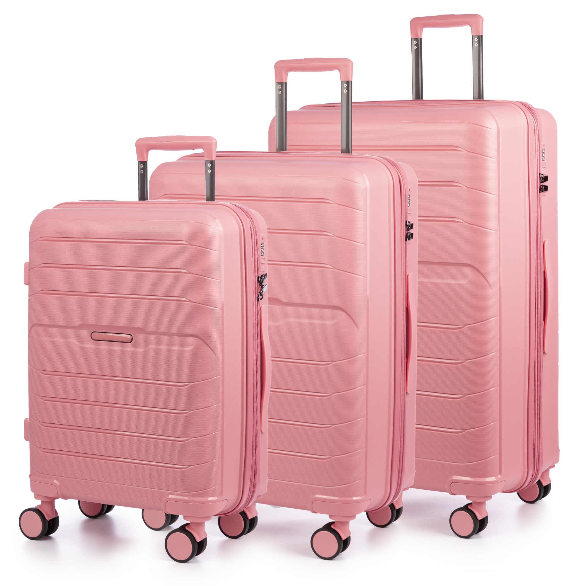 Juego de 3 maletas Trolley extensibles, en material ligero PP resistente a la rotura. Cerradura TSA numérica, 4 ruedas dobles giratorias 360°.