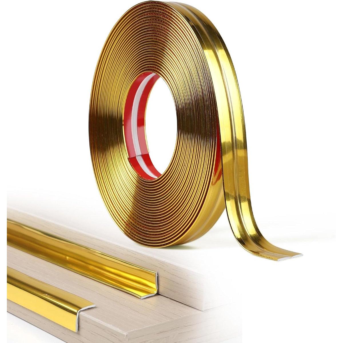 1 rollo de moldura decorativa autoadhesiva y flexible de 2 cm × 10 m. Moldura de pared suave, ideal para puertas, ventanas, zócalos, techos, armarios, protección de bordes de mesas y espejos. Acabado dorado brillante.