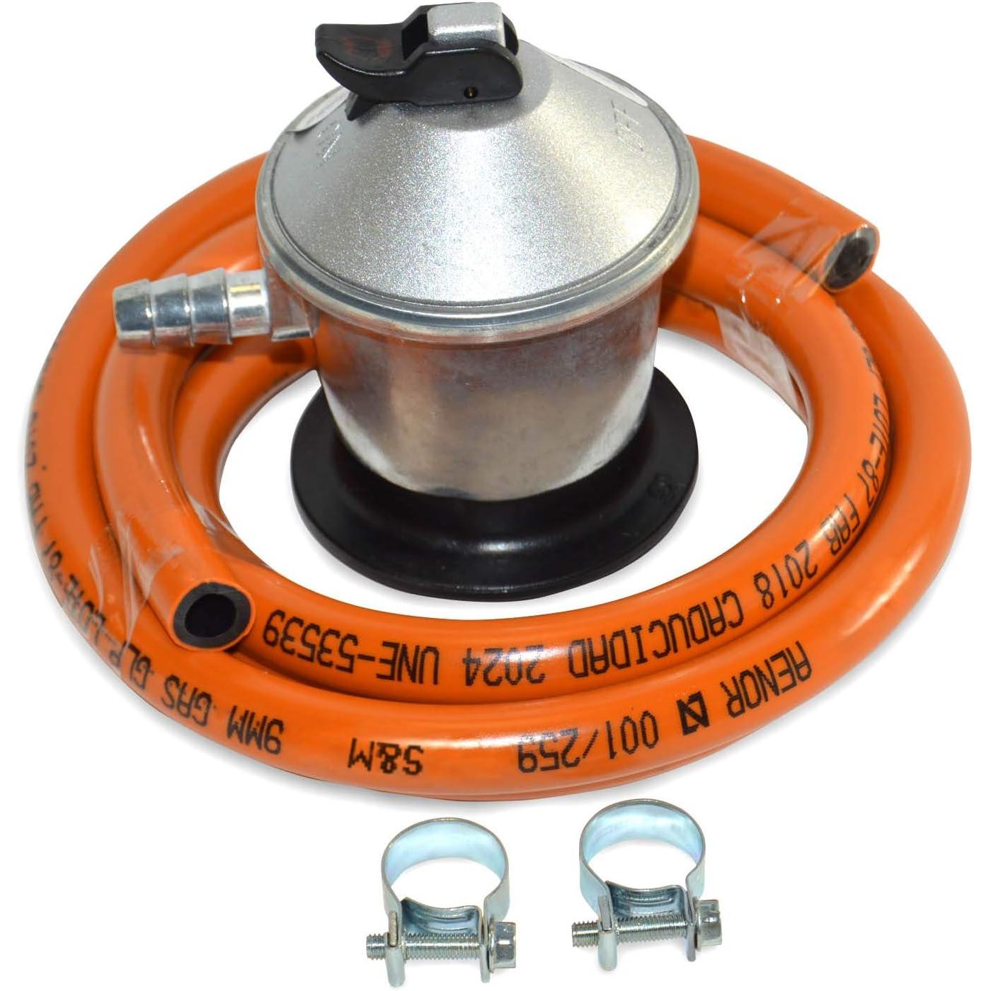Kit completo  Qbak de conexion para bombona de gas butano o propano — Regulador de presión 30 mbar y abrazaderas metálicas incluidas, ideal para cocinas portátiles, barbacoas, calentadores