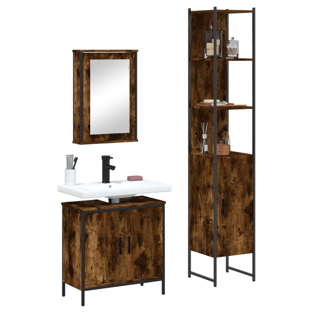 vidaXL Juego de muebles de baño 3 pzas madera contrachapada en color Negro/Roble ahumado | almacenamiento funcional diseño moderno para baño dormitorio sala