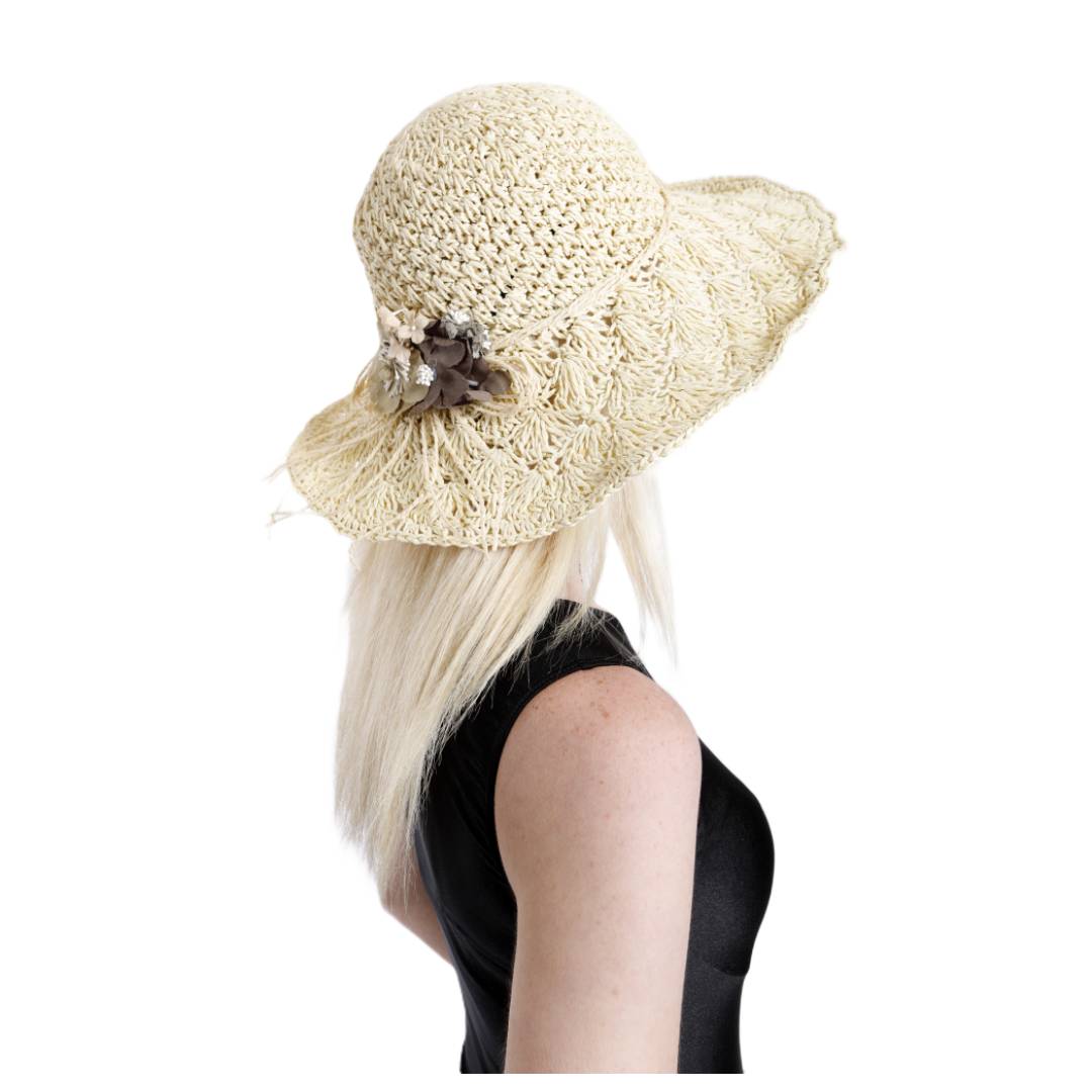 Sombrero Paja Crema Floral Artesanal Sombrero Pamela plegable fácil de guardar y llevar en vacaciones, Gorro Mujer para el Sol, Piscina, Playa, Uso diario Verano Sombrero de ala Ancha Grande Talla única ajustable - Kebedo Moda