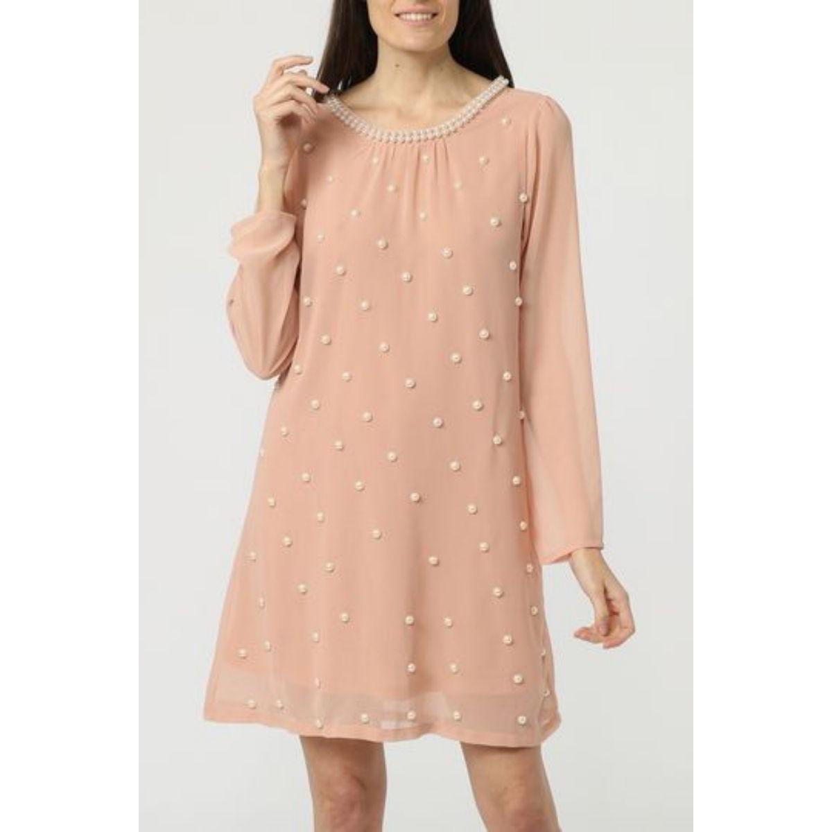 Vestido corto mujer, dress tul translúcido, perlas decorativas, manga larga, estilo elegante, corte recto, color rosa palo, talla 38, ligero, ideal eventos y fiestas, outfit versátil, cómodo, exclusivo ✅Entrega 24/48h