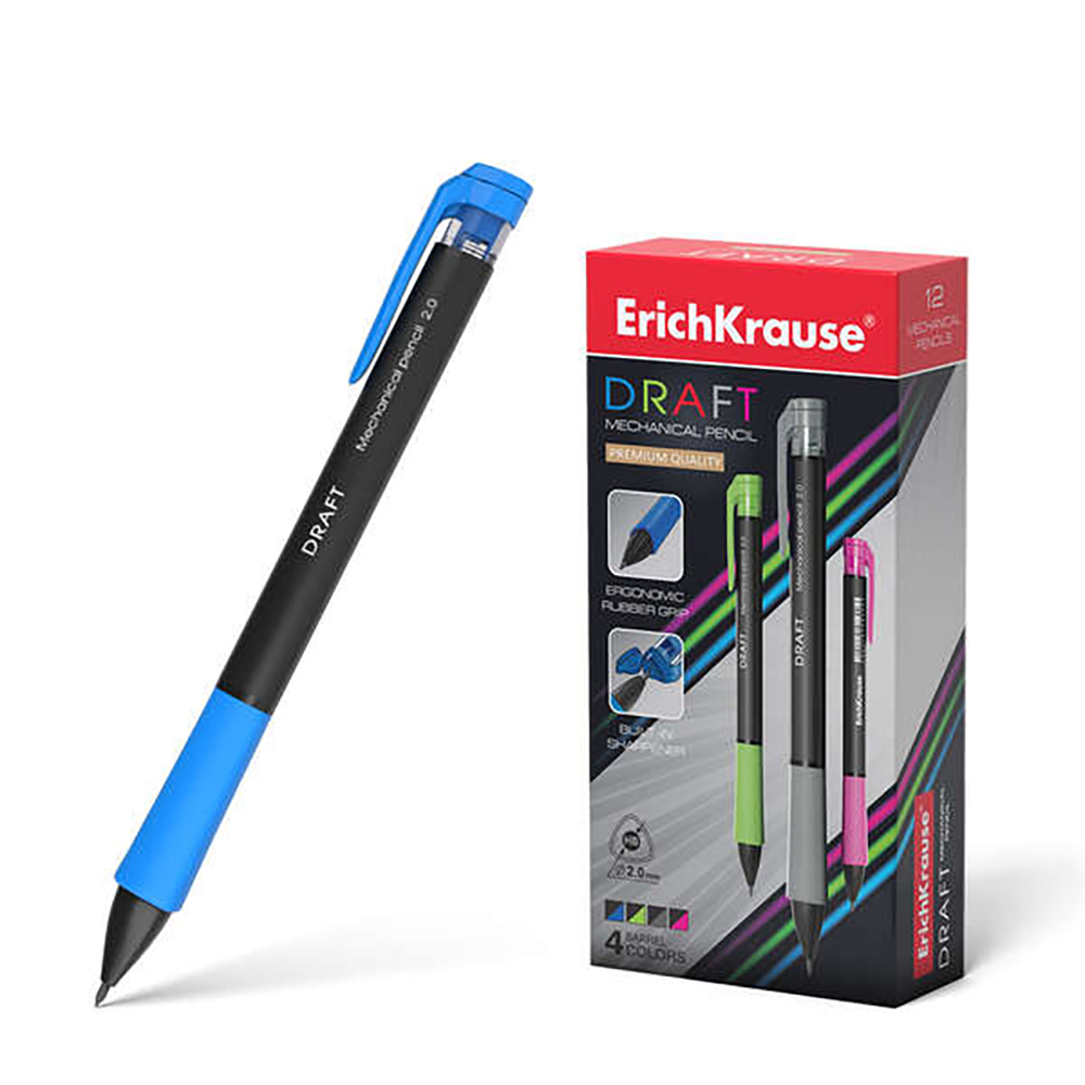 Erichkrause 12 Unidades Lapiz Mecanico Draft 20 mm - Ergonomico y Triangular - Boquilla Retractil - Agarre de Goma - con Afilador - Dureza HB - Color Negro