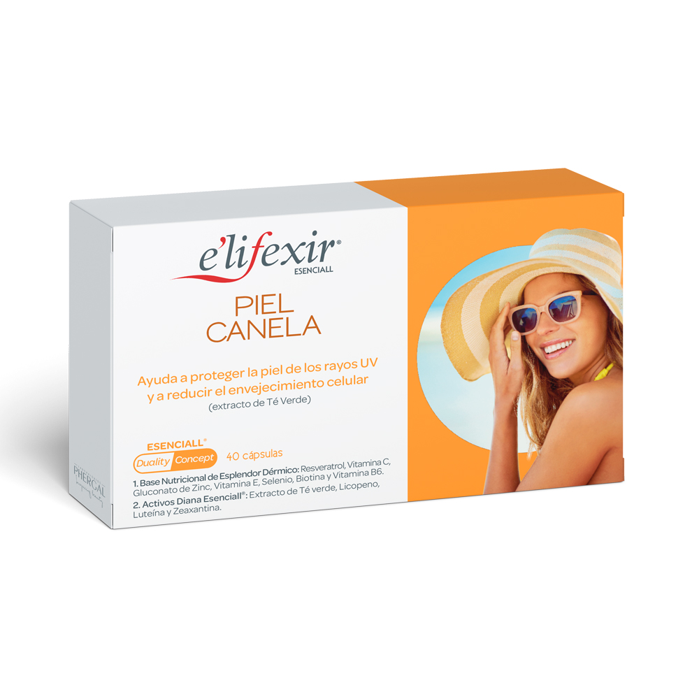 Elifexir Esenciall Piel Canela, Ayuda a Proteger la Piel de los Rayos UV y a Reducir en Envejecimiento Celular, Con extracto de Té Verde, 40 cápsulas