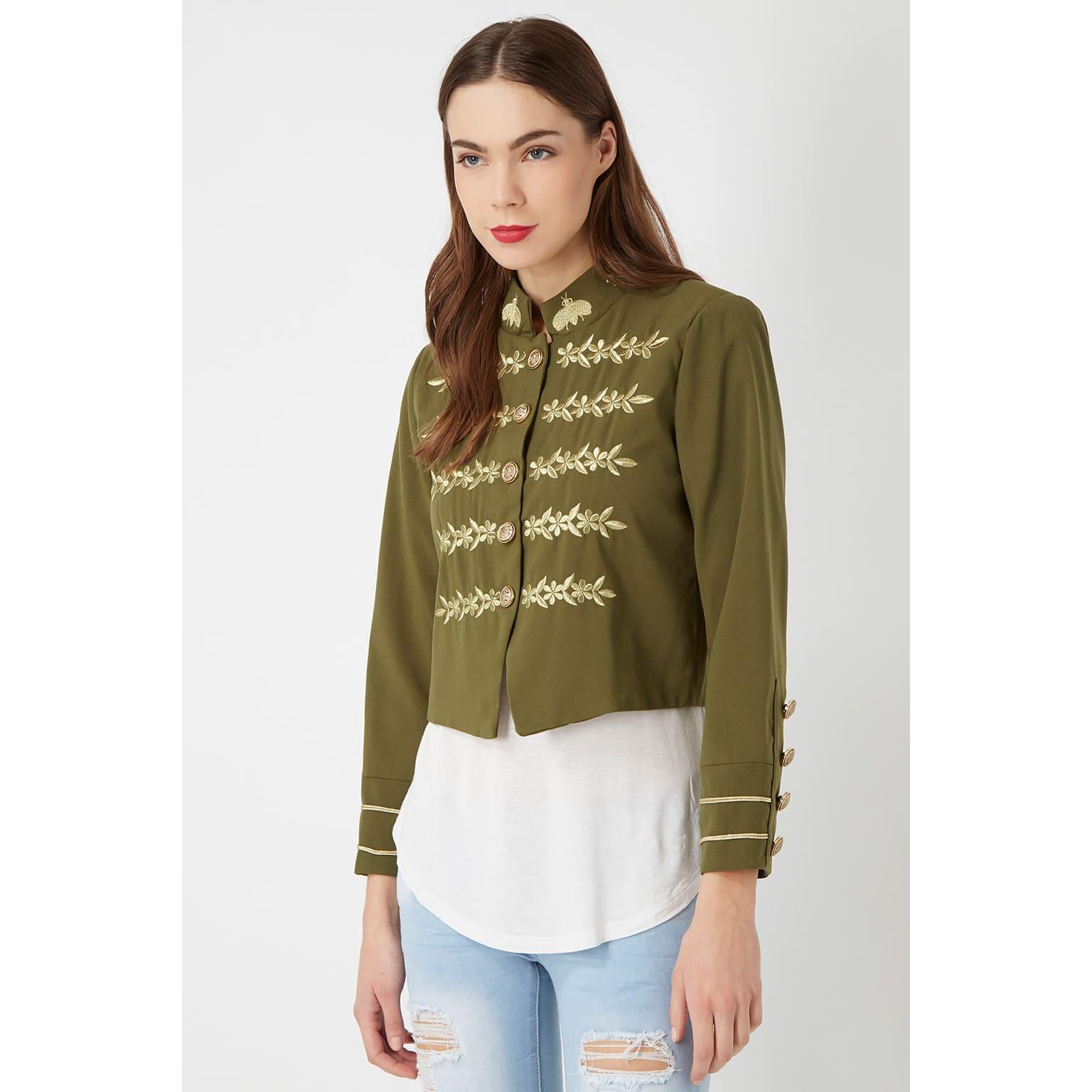 Chaqueta mujer fashion jacket militar bordada La Morena LA-260242 diseño liso cuello mao manga larga elegante confortable exclusiva color caqui talla 38 forro interior ✅Entrega 24/48h