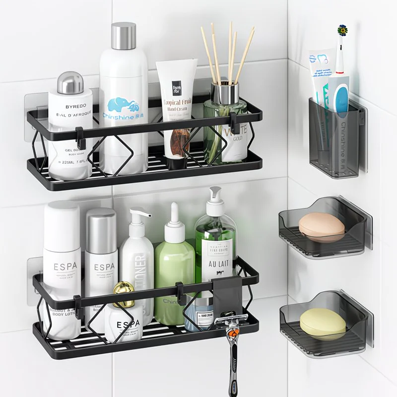 MIMO 6pcs Estantería Baño sin taladro, Estantería Cocina, Estante de baño en la pared, Incluidos Estantes, Portajabones, Portacepillos, Portamaquinillas, Ganchos, Adhesivos de Montaje, Almacenaje y accesorios de baño MIMO