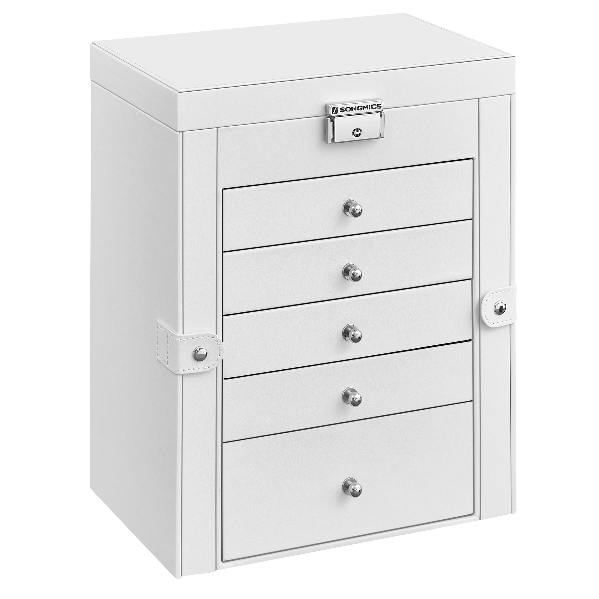 SONGMICS Caja Joyero de 6 Niveles, Caja para Joyas con 5 Cajones, Gran Espacio, Interior con Espejo, Cerradura, Almacenaje de Joyas, Regalo para Seres Queridos, para Relojes, Negro/Blanco/Gris, Regalo de Navidad