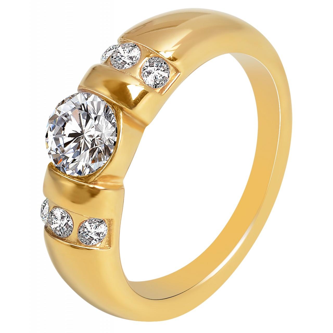 Akzent® Anillo Feminino Dourado com Zircônias em Aço Inoxidável - Tam.50 - 0408
