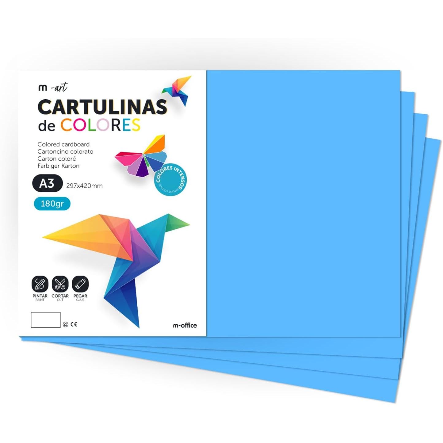 Cartulina de Colores, Cartulina A3 Colores Intensos, Hojas de Colores 180gr para Manualidades, Imprimir tus Documentos y Diseños Creativos, Folios de Colores A3 · m-office