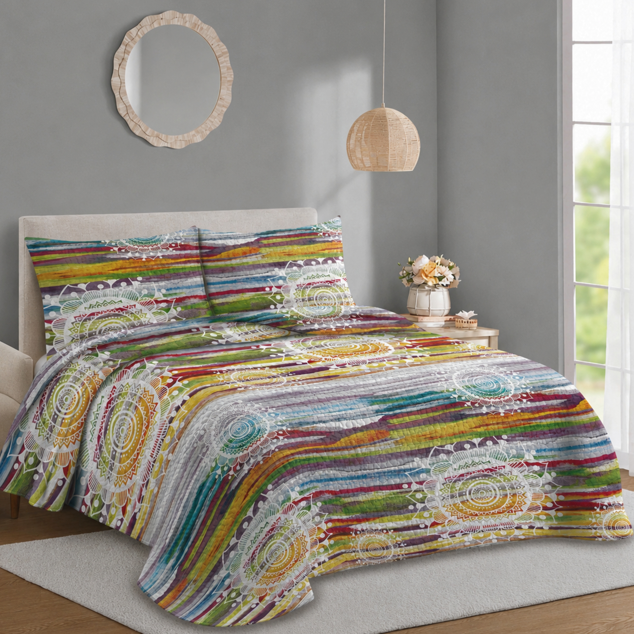 Novotextil Colcha Bouti Estampada Microfibra 100% | Colcha de Verano y Entretiempo Ligera y Transpirable | Cubrecama Reversible con 1 o 2 Fundas de Almohada | Cama 90, 105, 135, 150, 180 y 200