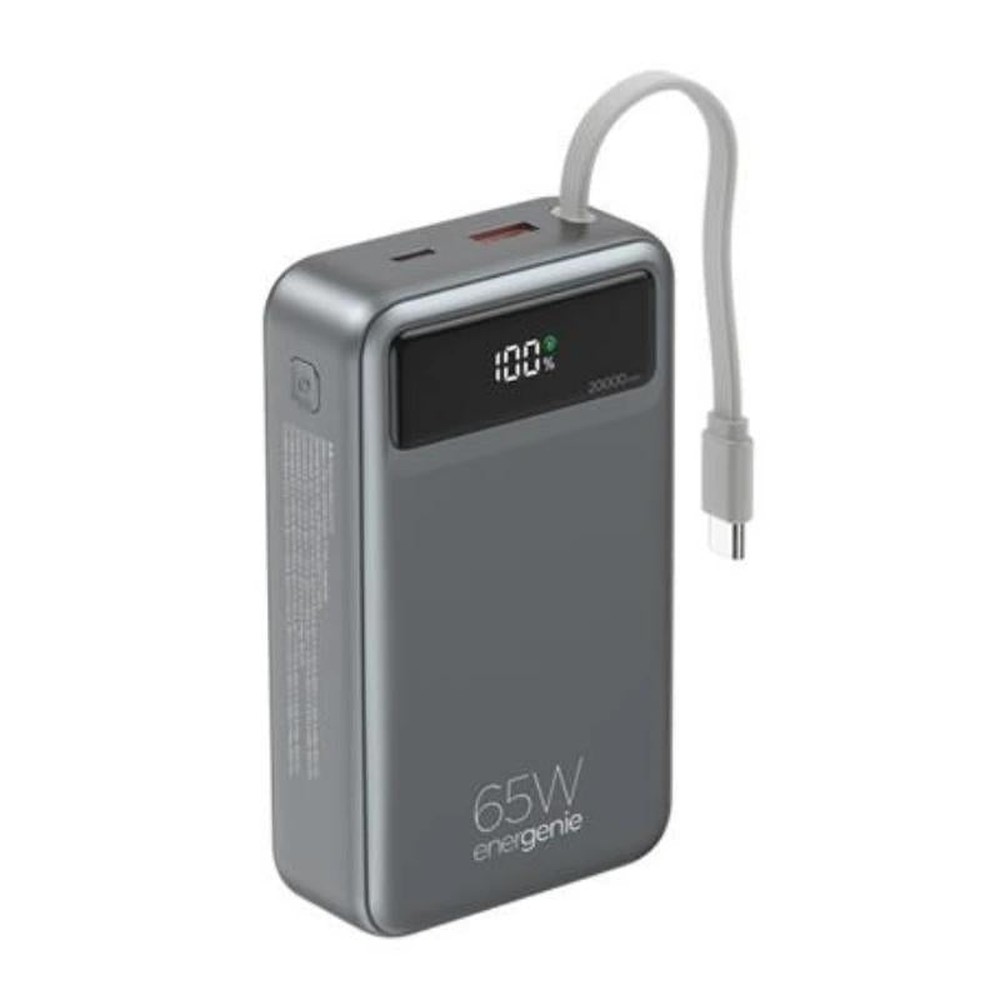 Gembird - Power bank 20000 mAh con pantalla LCD y carga rápida de 65 W, modelo PB20-PD65-LCD-01, cable integrado USB-C