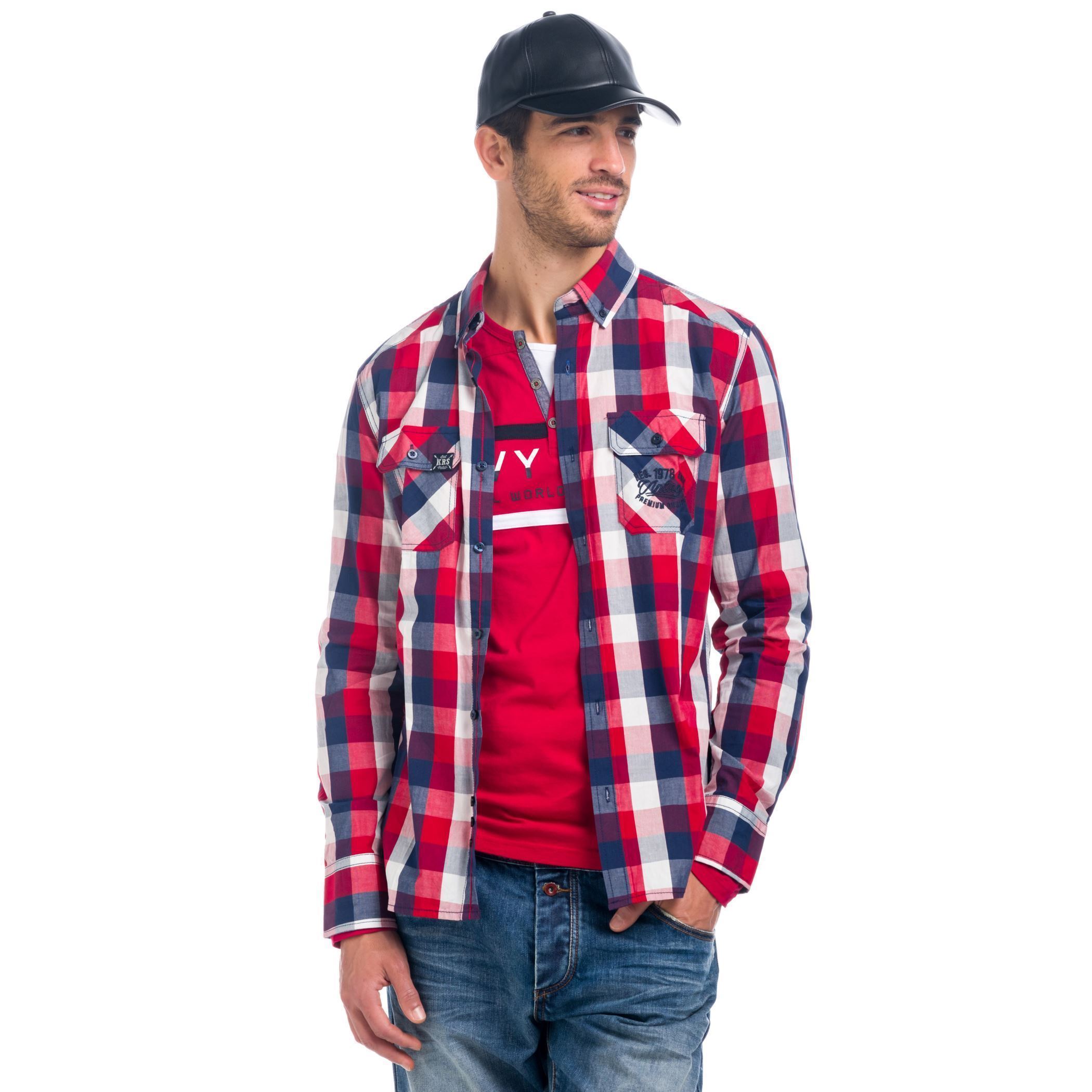 Koroshi - Camisa manga larga de cuadros en 100% algodón con doble bolsillo y letras bordadas para hombre, estilo workwear casual
