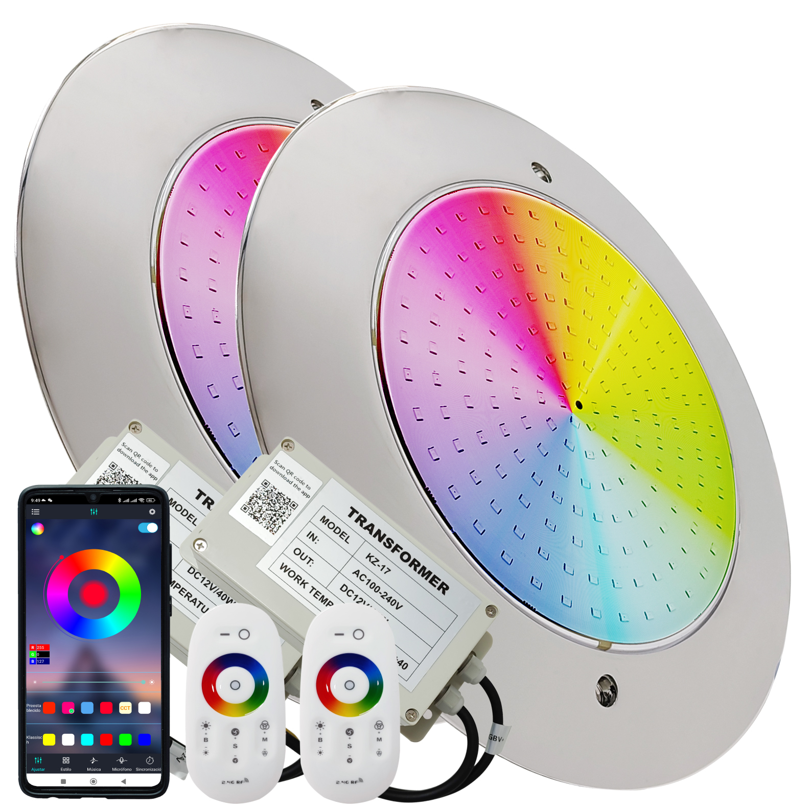 LED ATOMANT Foco de Piscina LED 12W RGB Impermeable IP68 Sumergible, Acero Inoxidable, Cable 2m, con o sin Transformador 220V/12V DC y Mando a Distancia Control Remoto, Control por APP Bluetooth, Iluminación Multicolor para Piscinas, Fuentes y Estanques