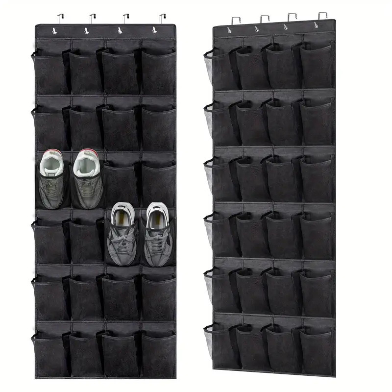 Organizador de zapatos para colgar sobre la puerta con 24 bolsillos de malla. Un versátil zapatero colgante para dormitorios, salones y baños, con medidas de 150 x 56 cm.