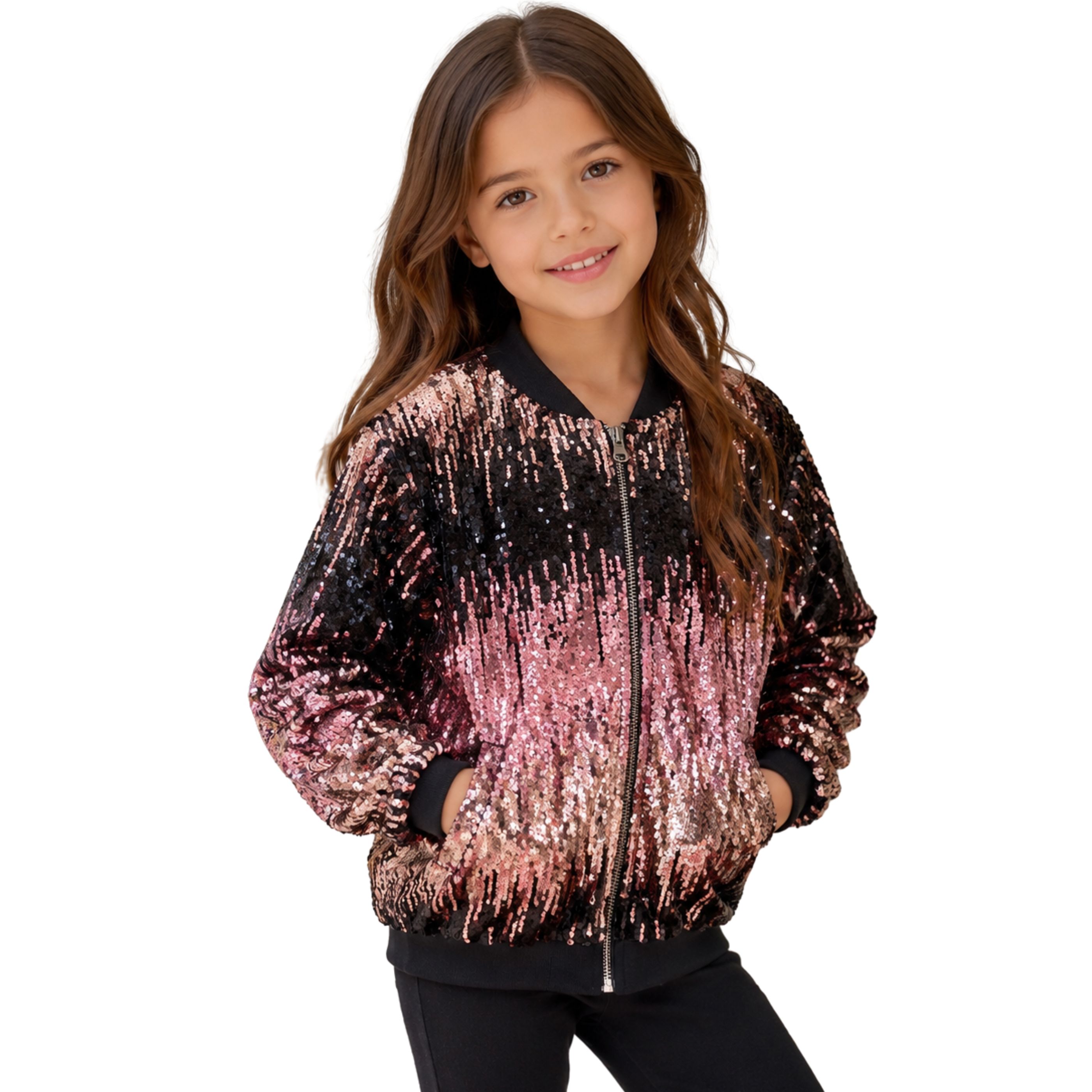 Chaqueta Lentejuelas Reversibles Rosa Multicolor para Niña con Gomas Ajustables Estilo Cazadora Bomber Entretiempo Infantil