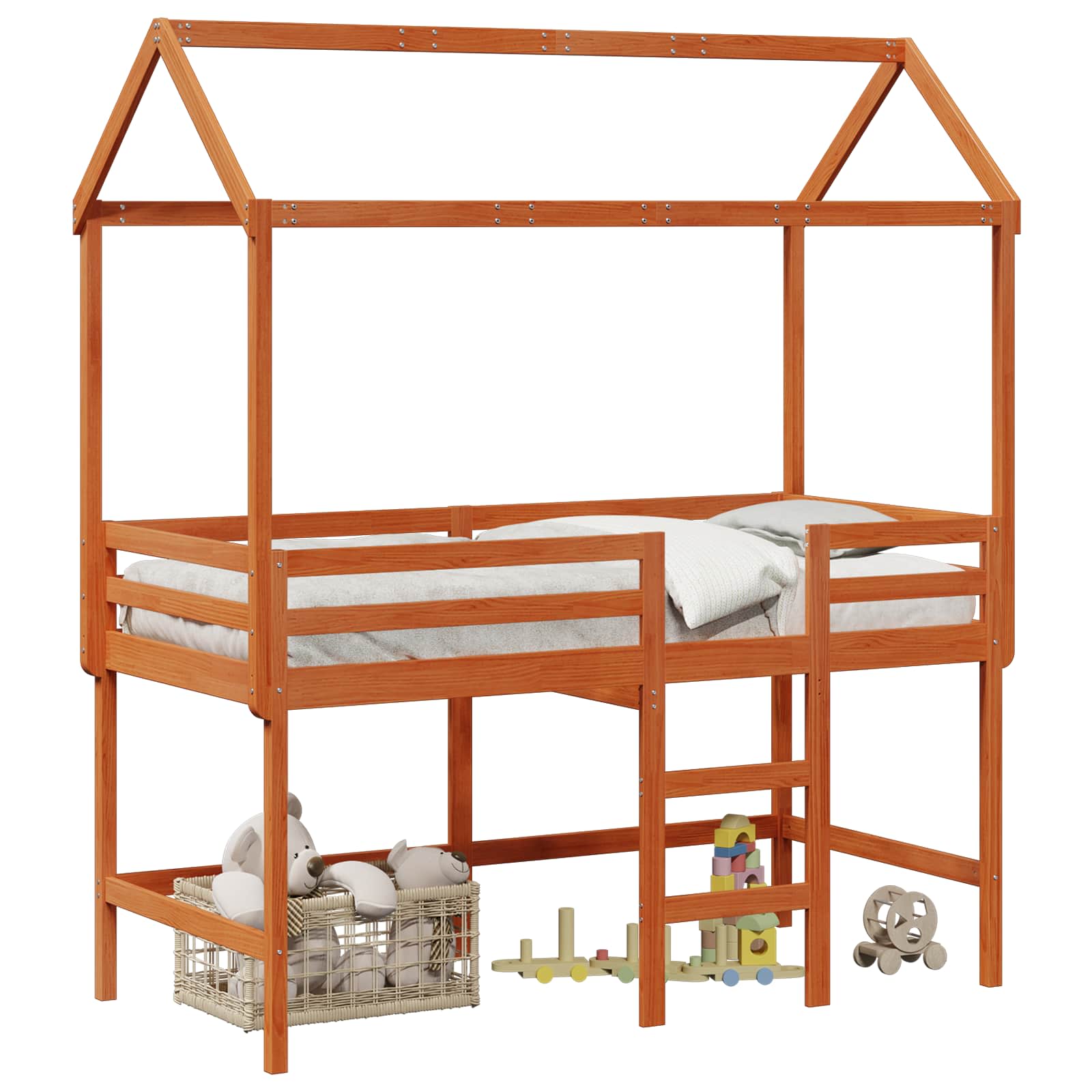 vidaXL Cama alta con escalera y techo madera maciza de pino 90x190 cm