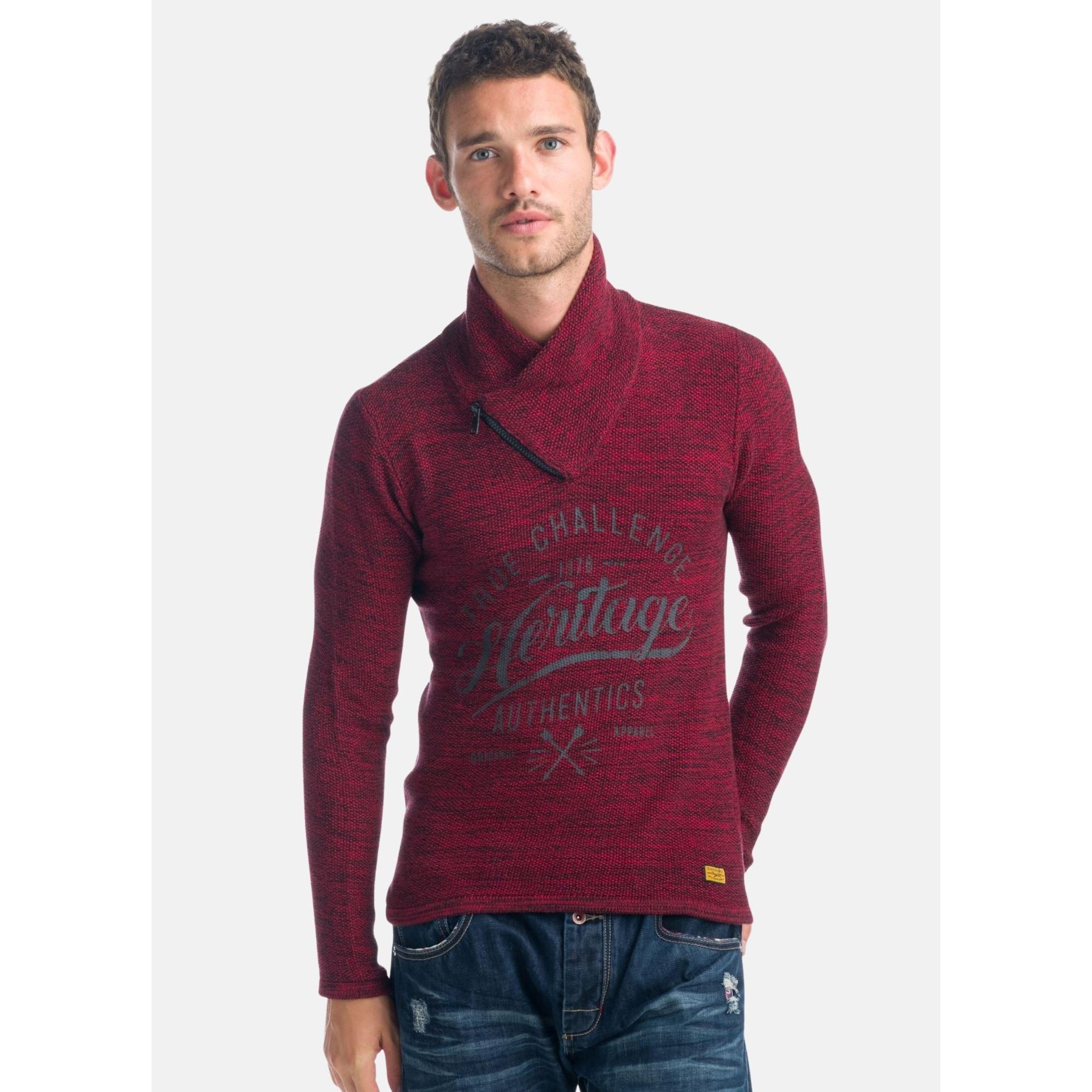 Koroshi - Jersey hombre cuello cruzado con cremallera lateral y estampado textil heritage, 100% algodón jaspeado azul y rojo