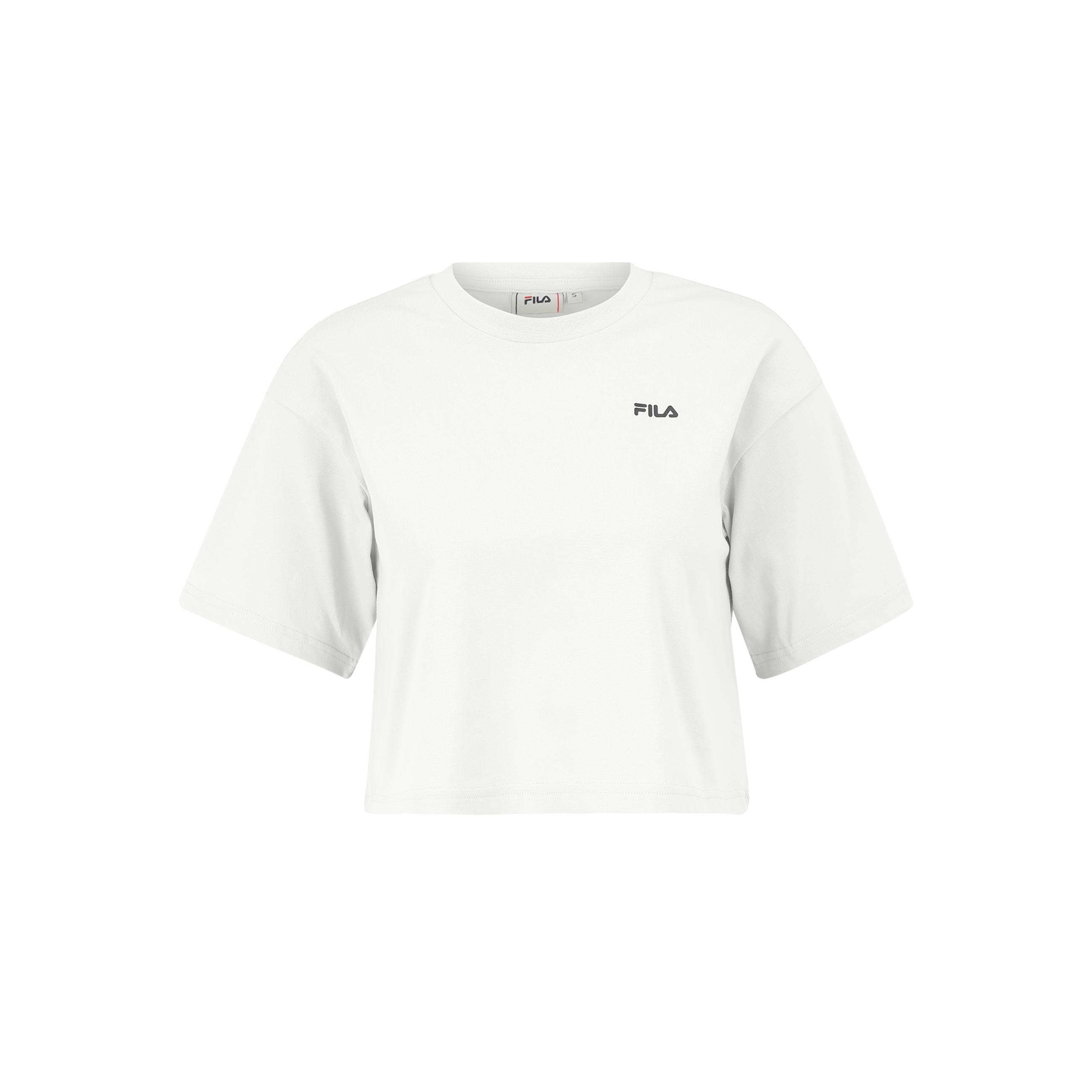 FILA | Camisetas Cropped Mujer, Locri Loose Cropped Tee, Manga Corta y Cuello Redondo, 100% Algodón Orgánico, Corte Holgado, Logo Estampado, Negro y Blanco
