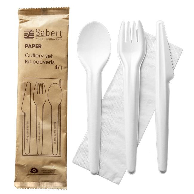 MONOUSO | Set Cubiertos Cartón Kraft Tenedor, Cuchillo, Cuchara y Servilleta (300 Uds)