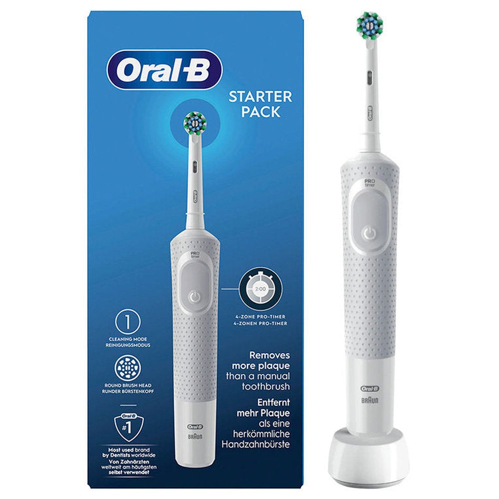 Braun - Cepillo de dientes eléctrico Oral-B Vitality 100 para adultos, tipo oscilante con temporizador integrado de 2 min y carga por batería recargable, color blanco y gris