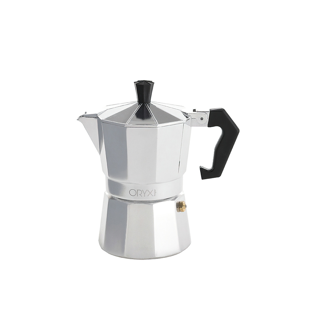 ORYX Cafetera Italiana Clásica de Aluminio Moka Express | Cafetera Tradicional de Filtro para Gas, Vitrocerámica y Placa Eléctrica | Junta de Silicona Duradera y Mango Ergonómico de Baquelita Termorresistente | Tamaños 2, 3, 6, 9 o 12 Tazas