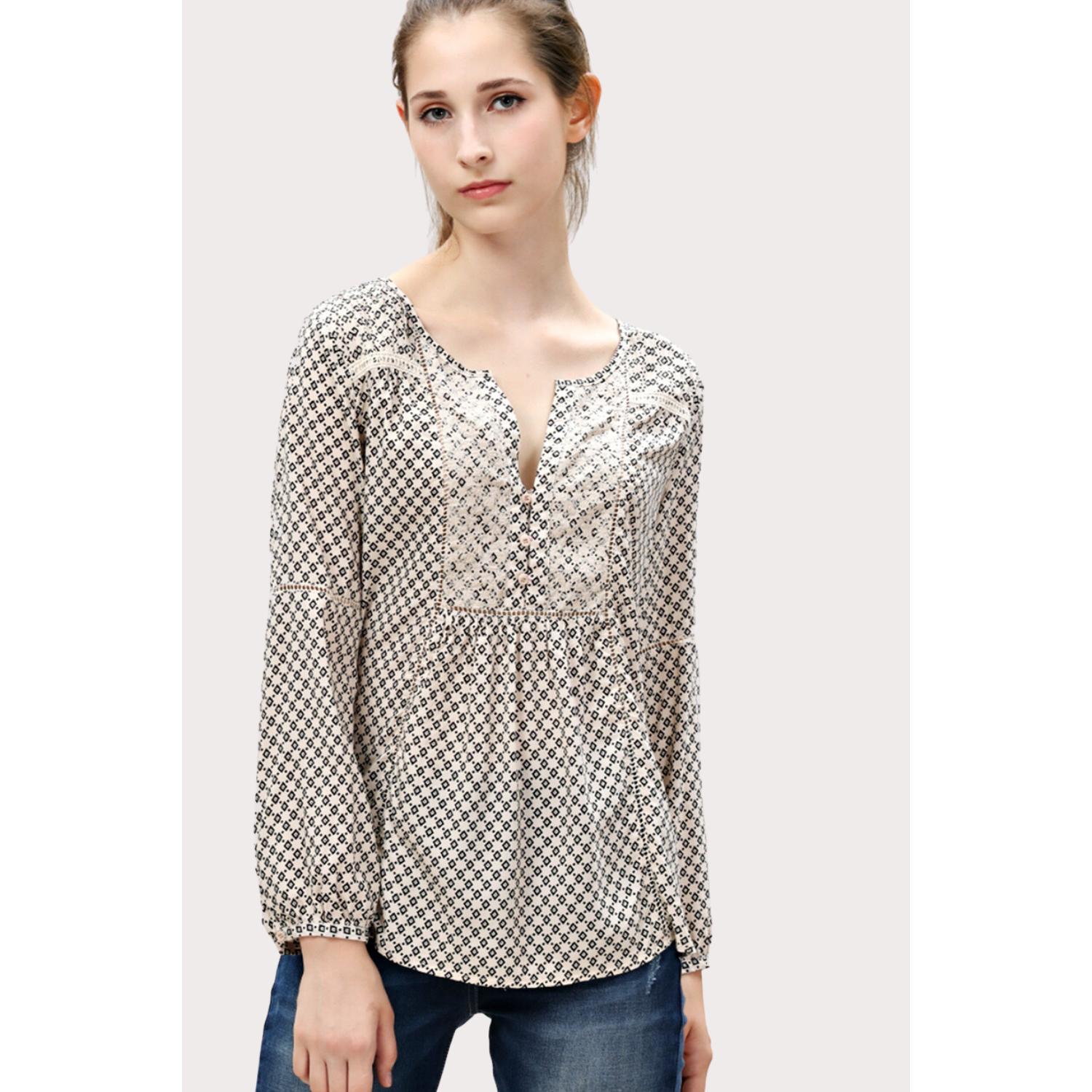 Blusa mujer viscosa estampada bordados frontales, manga larga, escote pico, cómoda, fluida, moderna, talla 48, ideal oficina, casual, tendencia moda blanco/negro ✅Entrega 24/48h