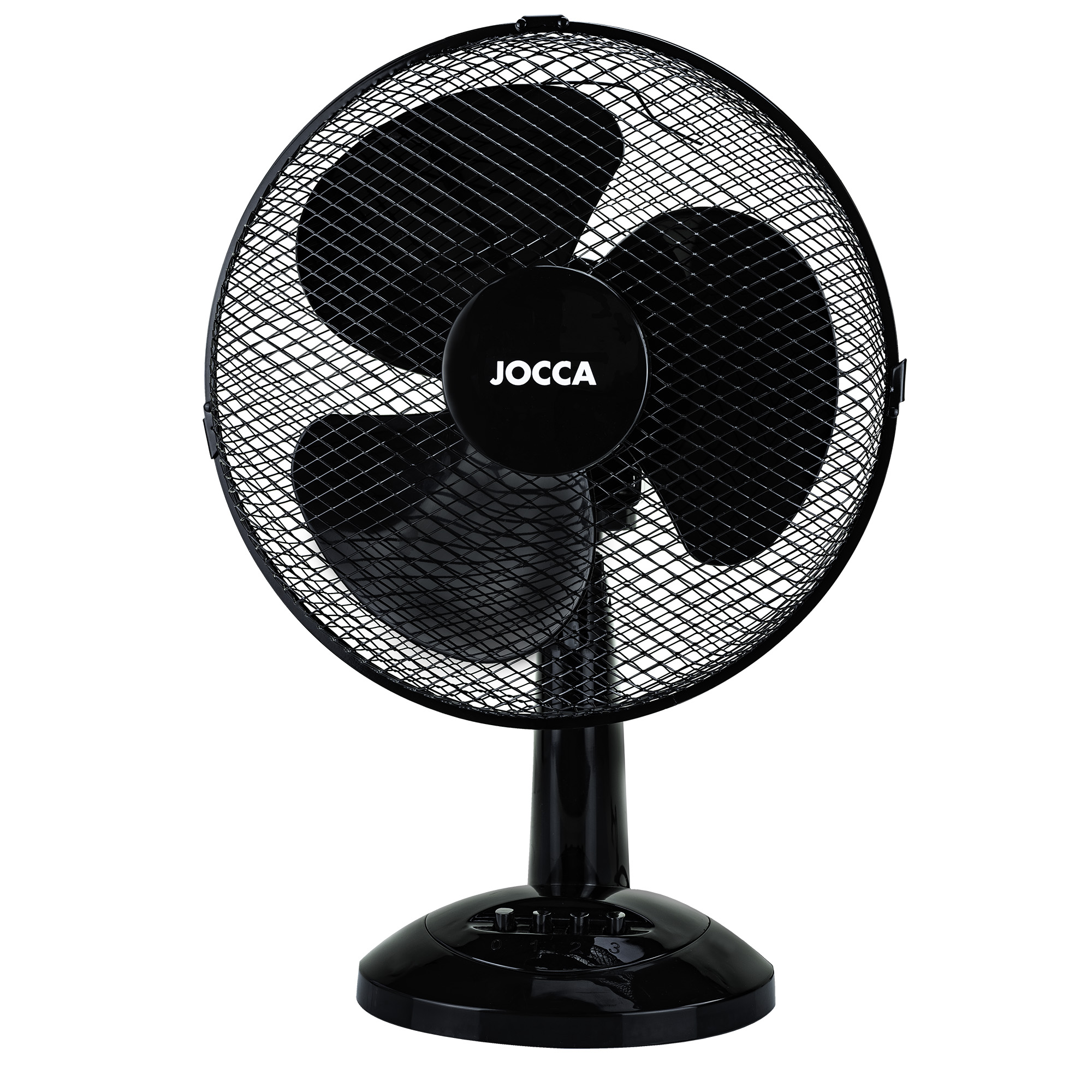 Ventilador Jocca de sobremesa de 12', con sistema de oscilación, cabezal reclinable, 3 velocidades, 30 cm de diámetro, 40W de potencia y disponible en blanco junto a dos colores azules y un elegante color negro
